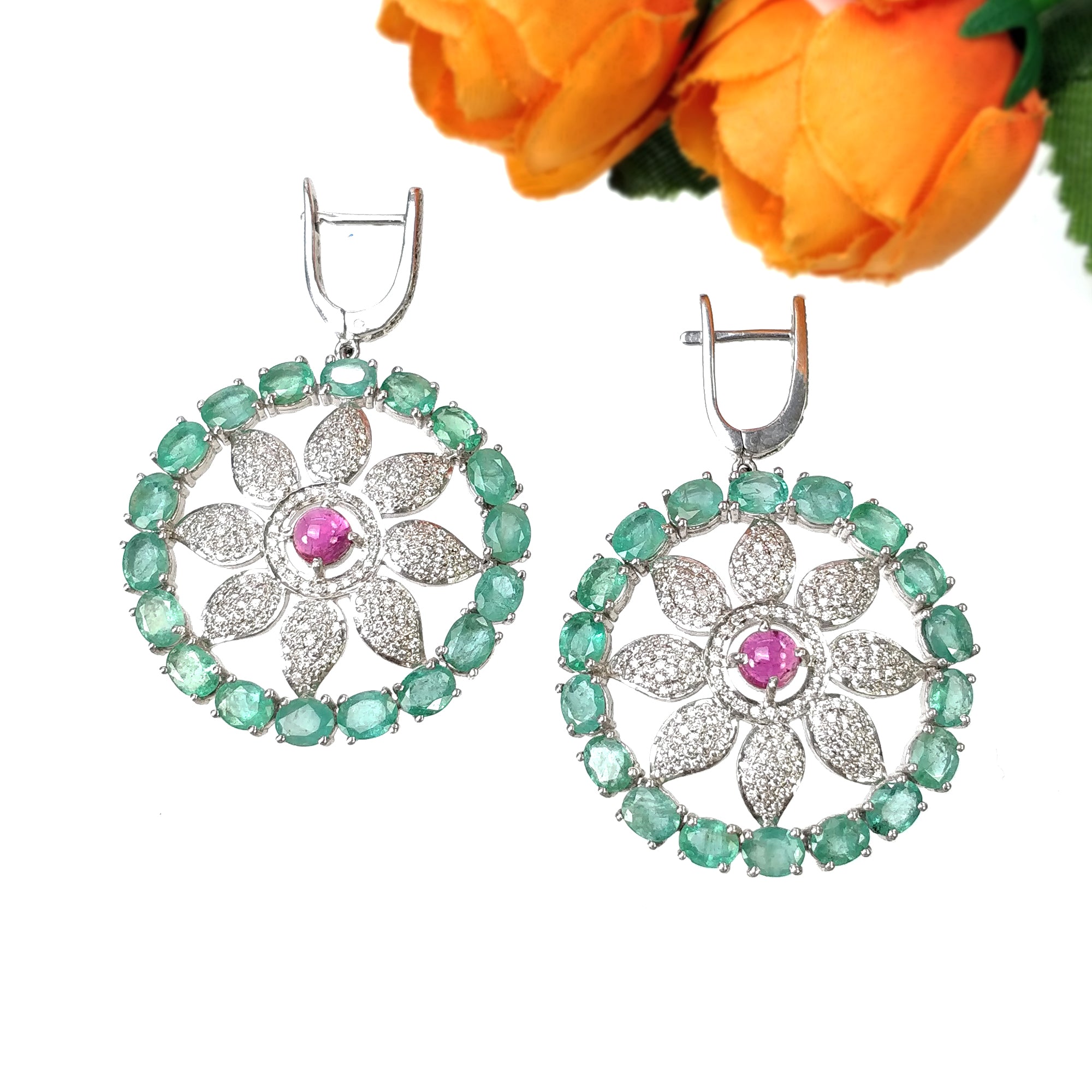 Natural Emerald & Pink Tourmaline Gemstone Jewelry Set with CZ - 925 Sterling Silver Round & Oval Earrings & Rings for Women | Wedding, Party, Anniversary Gift