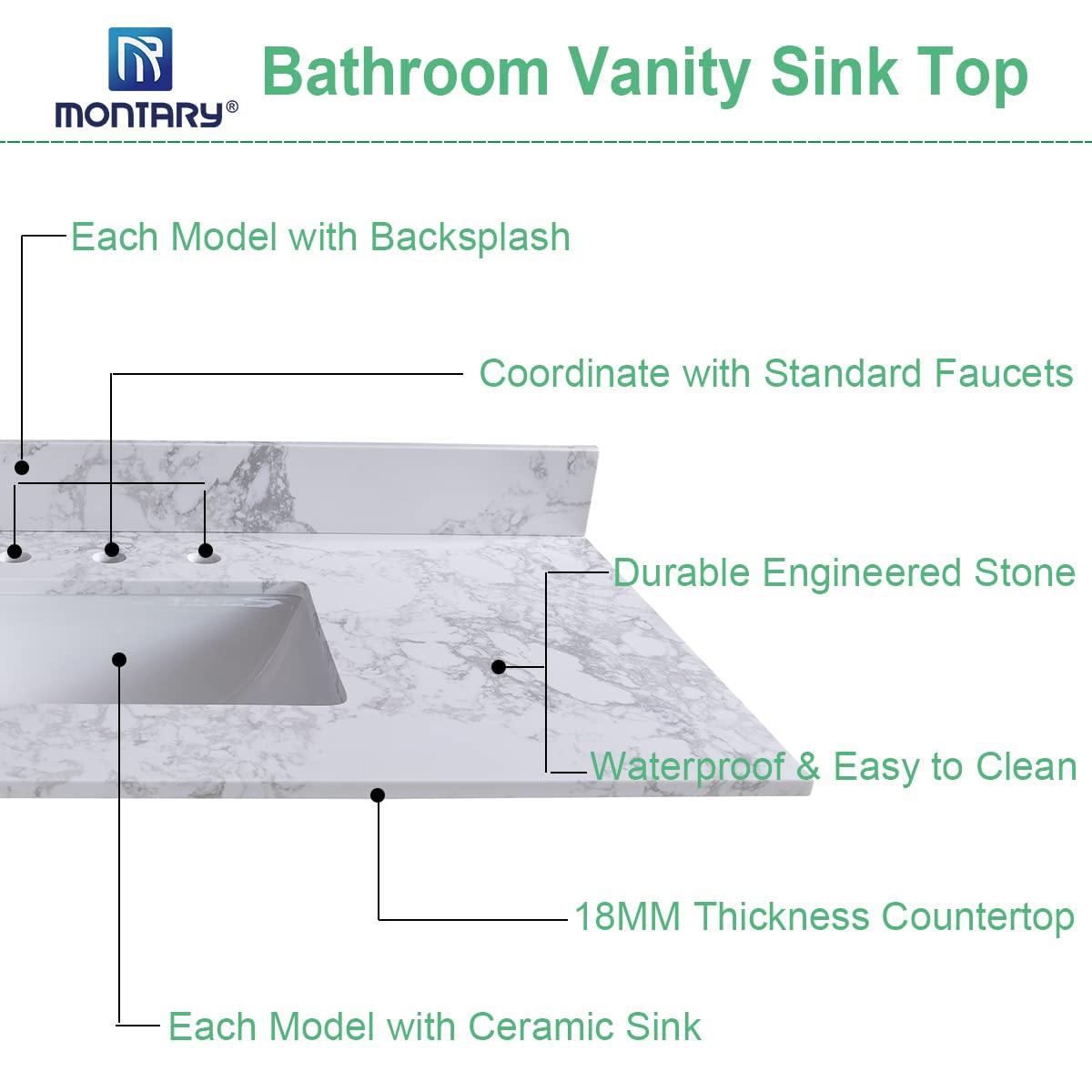 Premium White Marble Vanity Top with Ceramic Sink - 1/3 Hole Bathroom Sink Countertop with Backsplash, No Cabinet Included (43