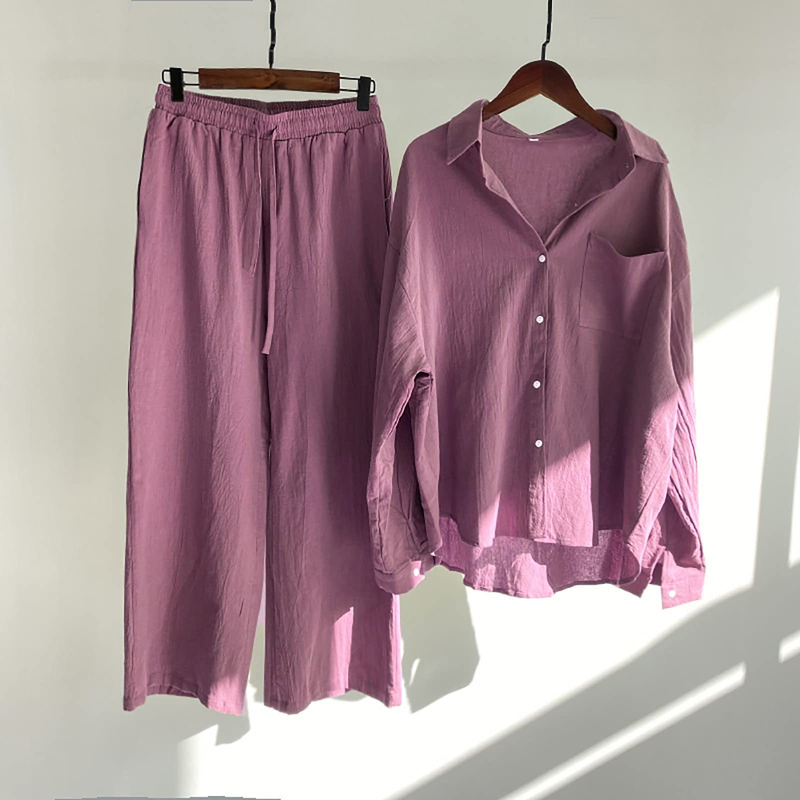 Women's 2-Piece Cotton Linen Lounge Set - Button Down Lapel Collar Shirt & Baggy Pants | Summer Comfort Outfit for Home, Travel & Casual Wear