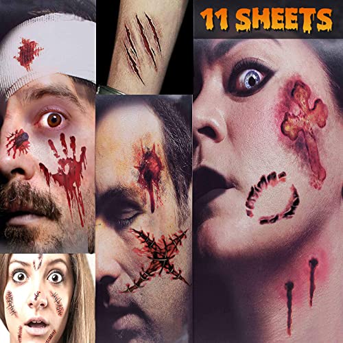 Scary Zombie Makeup Kit for Halloween - 11 Sheets Fake Blood, Scars & Wound Tattoos | Vampire & Stitch FX Makeup for Kids & Adults | Perfect for Halloween Parties, Cosplay & Horror Costumes