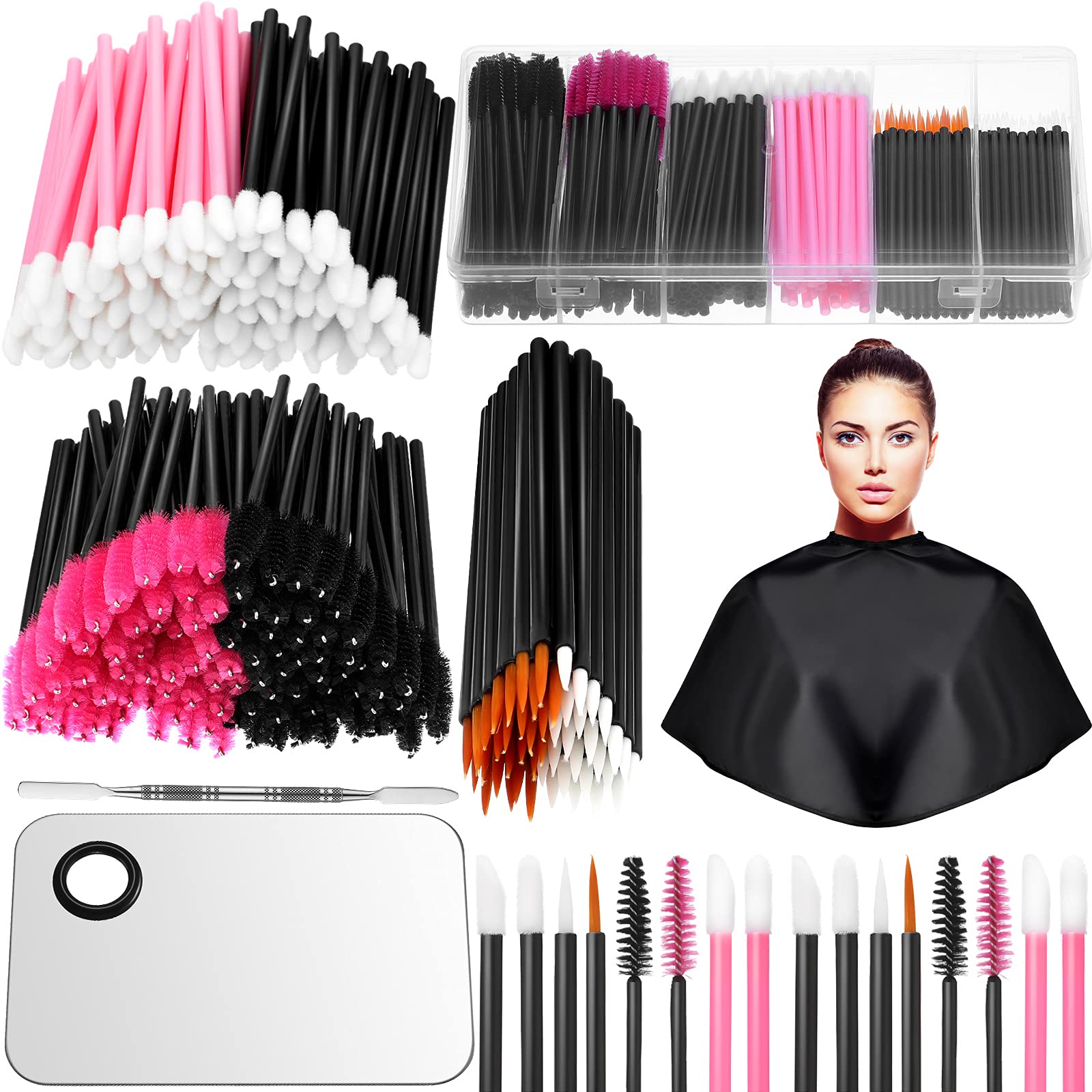 260-Piece Disposable Makeup Tools Kit - Eyeliner Brushes, Mascara Wands, Lipstick Applicators, Hair Clips with Plastic Case & Waterproof Cape - Professional Stainless Steel Palette & Spatula - Perfect for Salon, Spa, Makeup Artists & Home Beauty Care