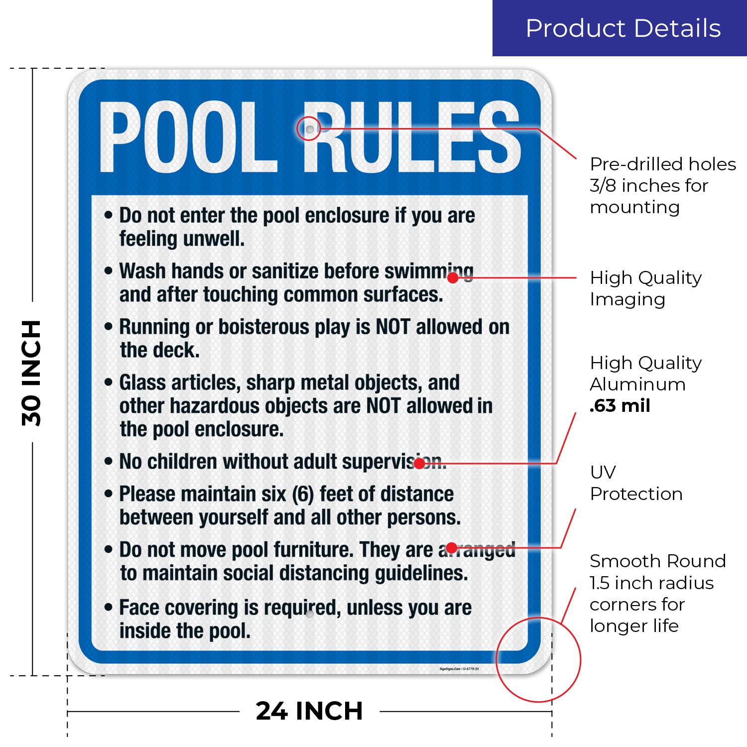 Pool Rules Sign - 24x30 Inches, 3M EGP Reflective Aluminum, Fade Resistant - Indoor/Outdoor Safety Sign for Swimming Pools, Backyards & Public Areas - Made in USA