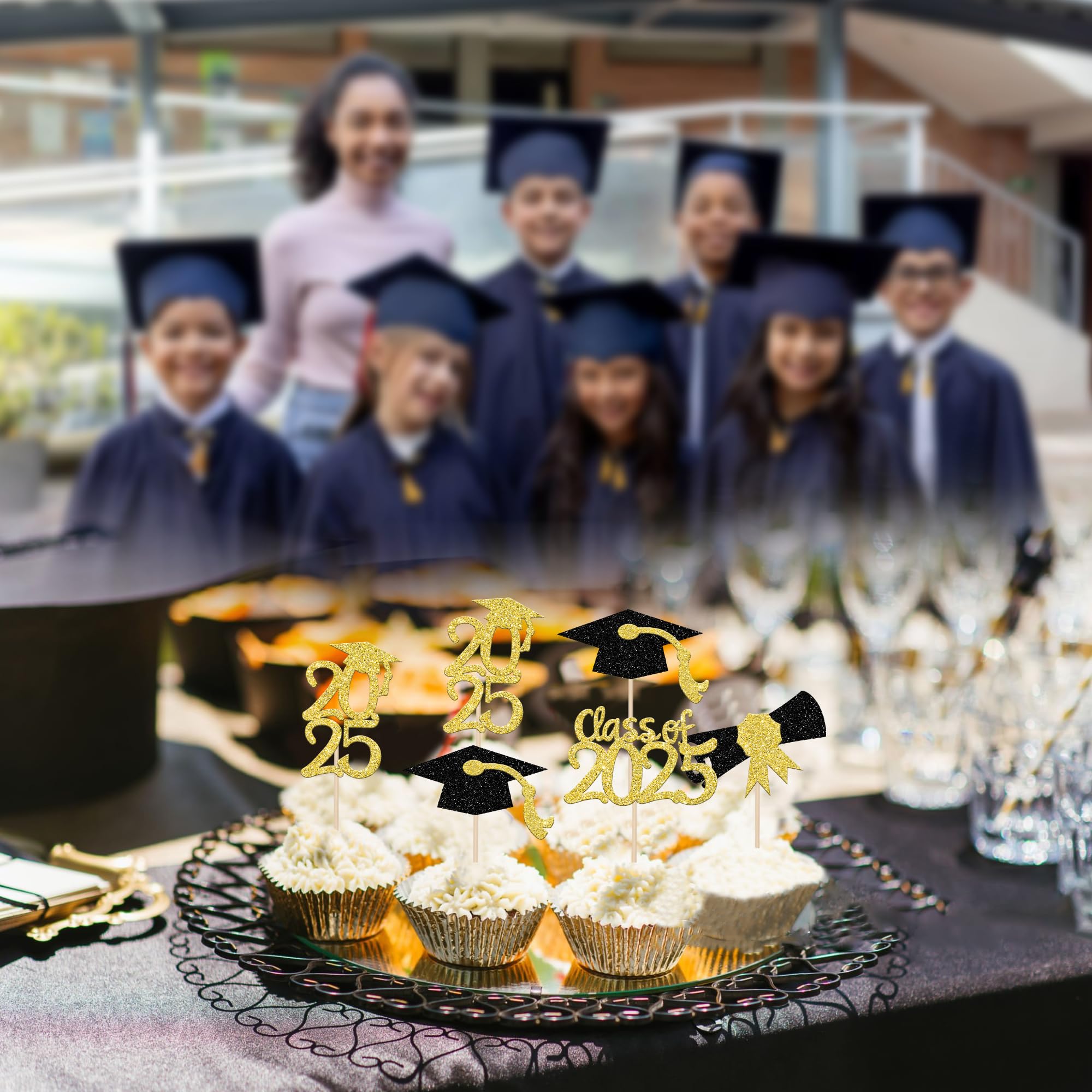 36 PCS 2025 Graduation Cupcake Toppers - Glitter Diploma & Grad Cap Decorations for Class of 2025 - Gold Cake Topper Picks for Graduation Party, School Celebration & Dessert Decor
