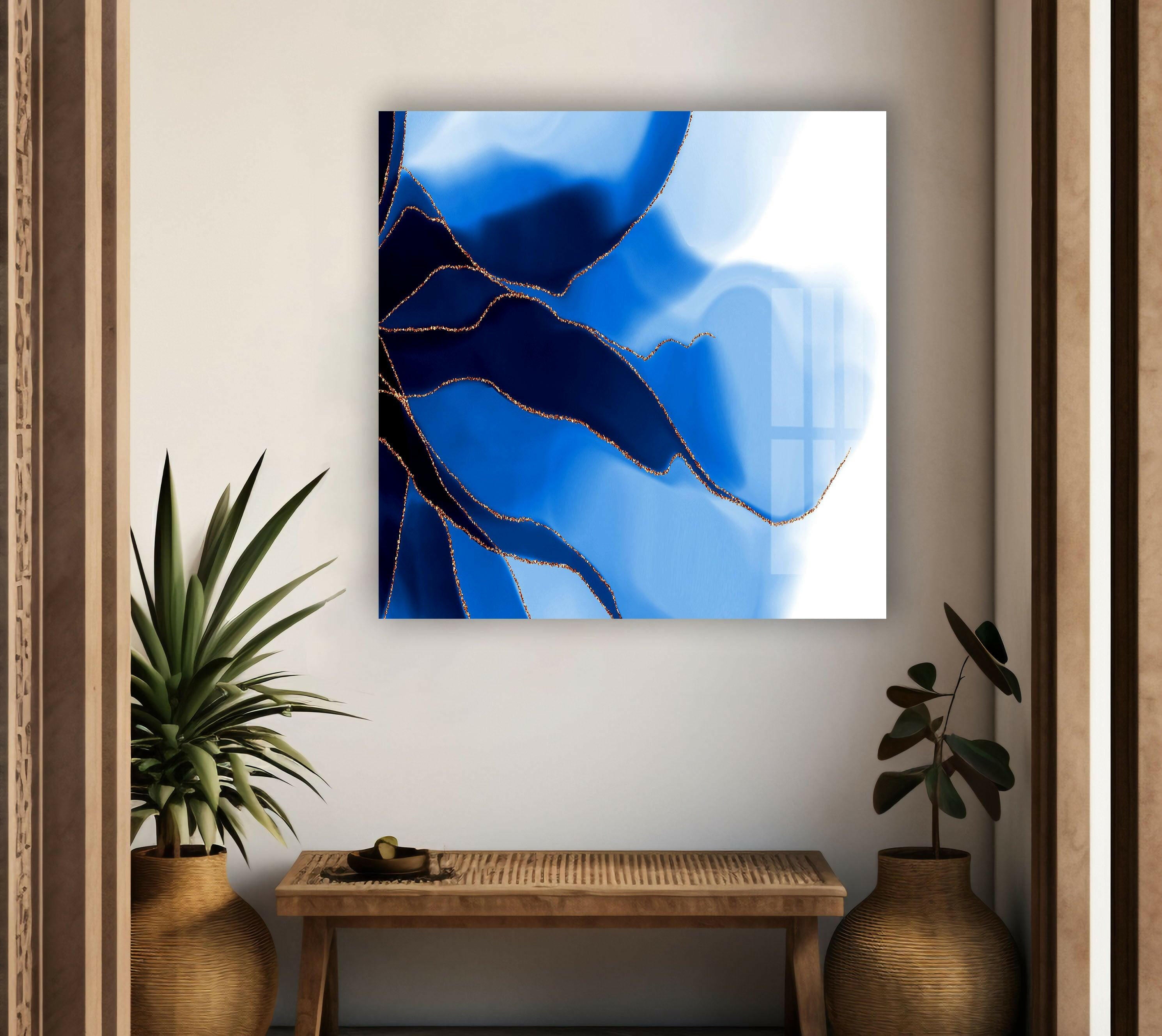 Blue and Gold Marble Abstract Glass Wall Art - Modern Home Decor for Living Room, Bedroom & Office | Handmade Glass Wall Hanging for Contemporary Interior Design