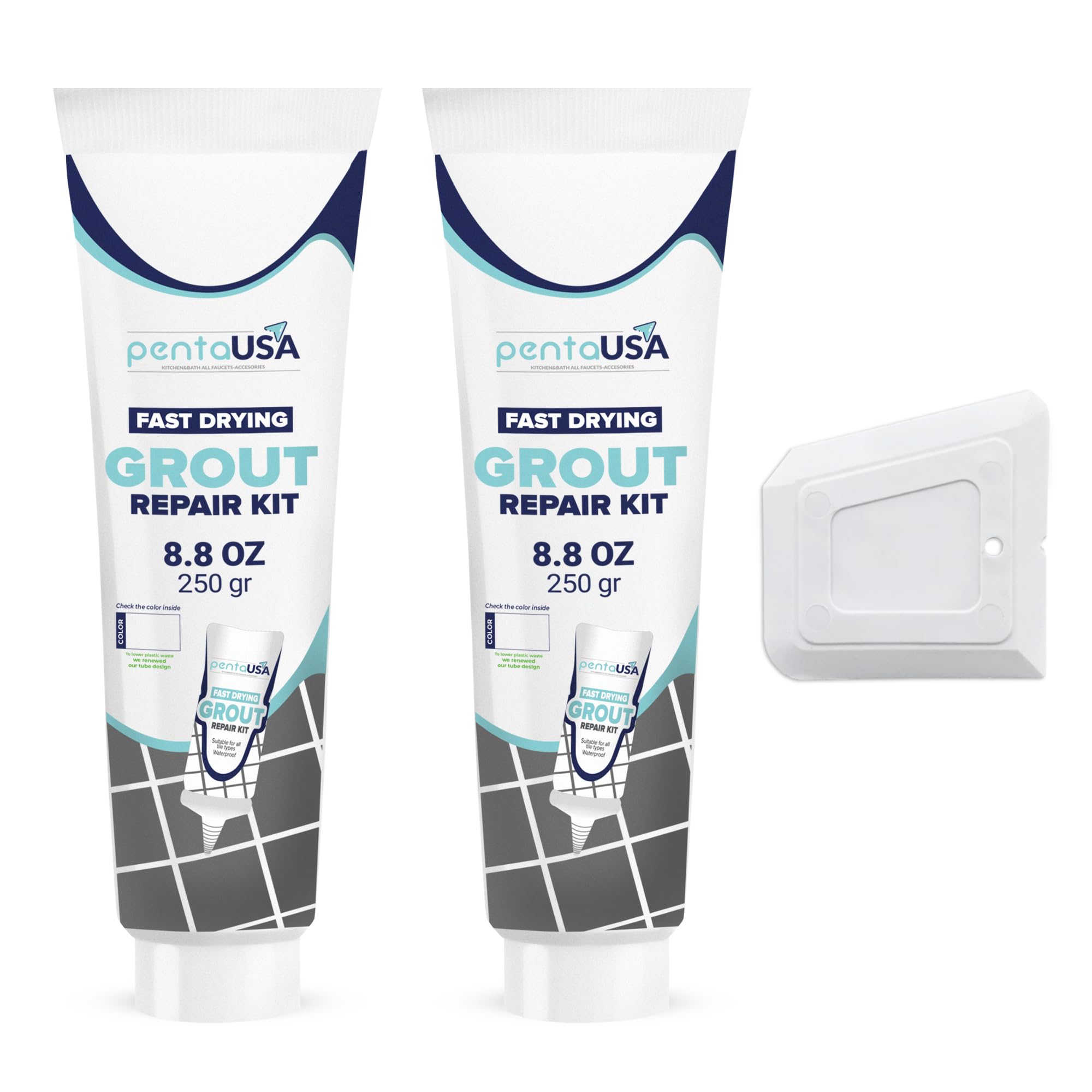 PentaUSA Premixed Grout Repair Kit - 8.8 oz Tile Grout Tubes (2 Pack) - Odorless & Safe Formula for Bathroom, Kitchen & Shower Tile Restoration - Perfect for Cracked Grout Repair & DIY Home Renovation Projects (White)
