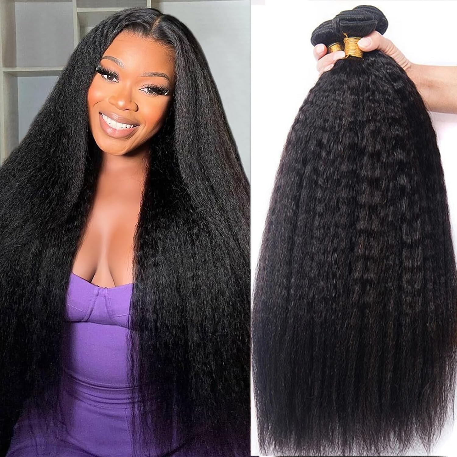 18 20 22 Inch Kinky Straight Human Hair Bundles - 100% Unprocessed Brazilian Virgin Hair Extensions for Quick Weave | Yaki Straight Texture | Natural Black Color | Perfect for Daily Wear, Styling, and Protective Hairstyles