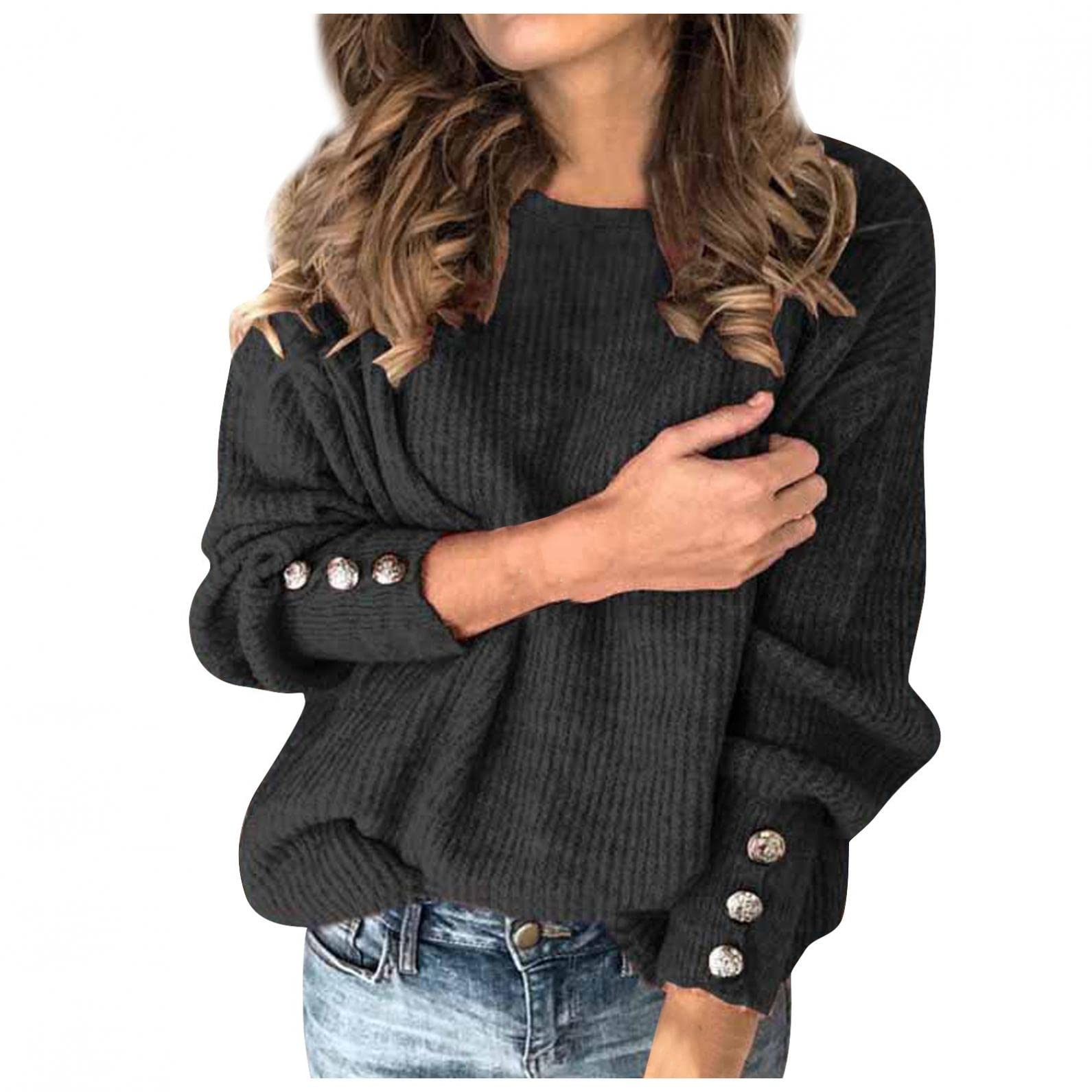 Gibobby Women's Casual Long Sleeve Crewneck Sweater - Loose Fit Chunky Knit Pullover Top in Black | Perfect for Fall Outfits, Office Wear & Cozy Layering