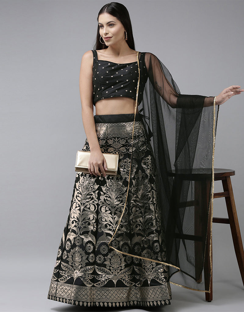 Exquisite Black Banarasi Silk Jacquard Lehenga Choli Set for Women - Traditional Indian Bridal Wear for Weddings, Festivals & Special Occasions