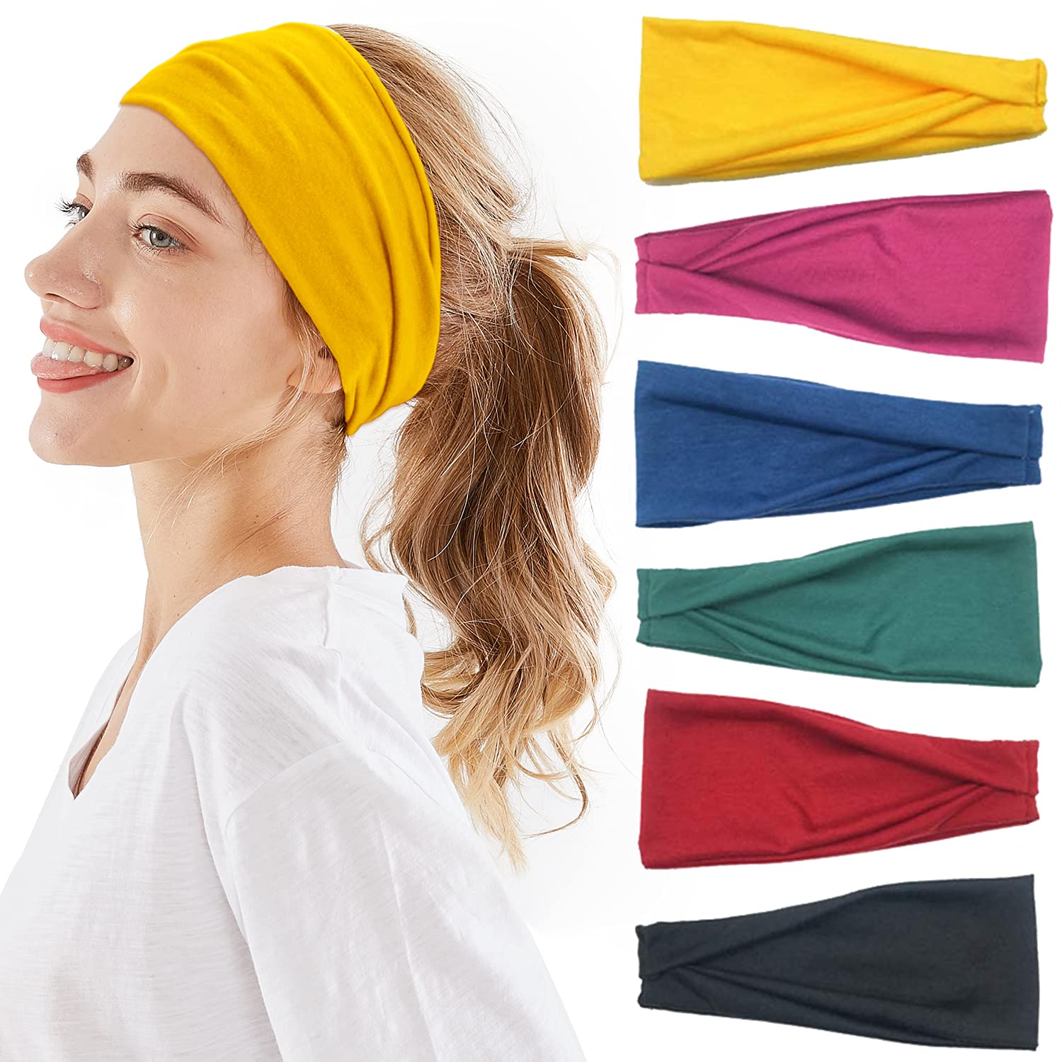 6 Pack Women's Cotton Headbands - Non-Slip Elastic Yoga & Sports Headbands for Workout, Running, Gym - Soft Sweatbands for Women & Girls - Perfect for Fitness, Tennis, Volleyball & Daily Use