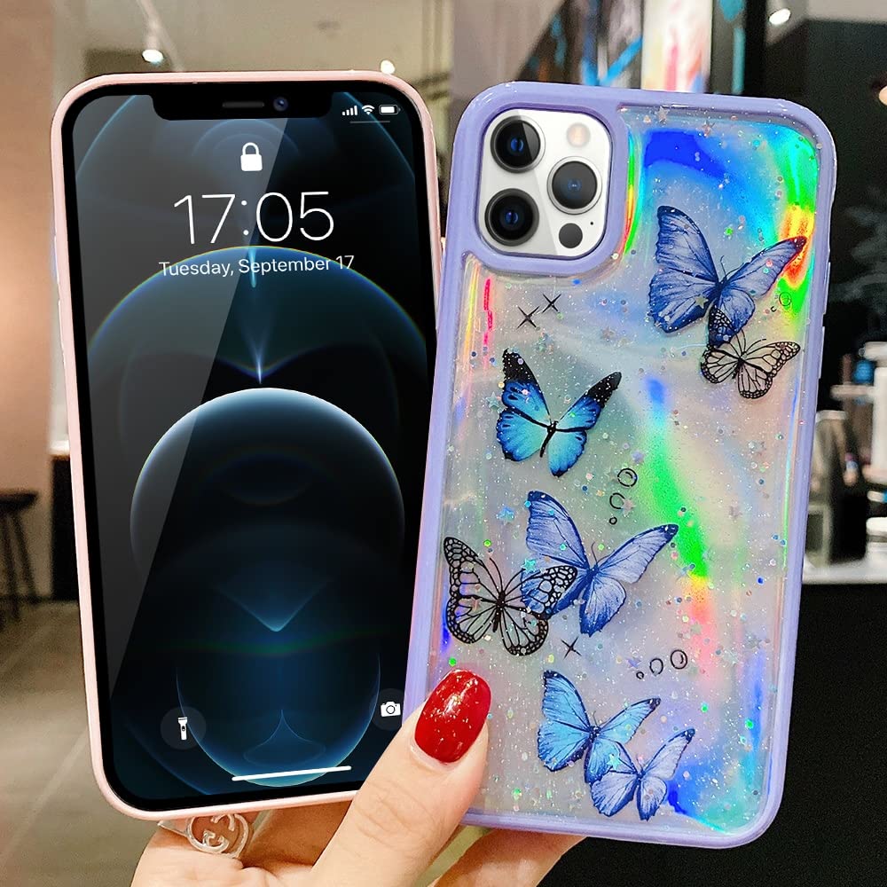 **LCHULLE Cute Iridescent Butterfly Glitter Case for iPhone 12 Pro Max – Soft TPU Bumper with Laser Bling Stars, Drop Protection – Trendy Girly Phone Cover for Women & Girls (Purple) | Perfect for Everyday Use, Parties & Gift Giving**