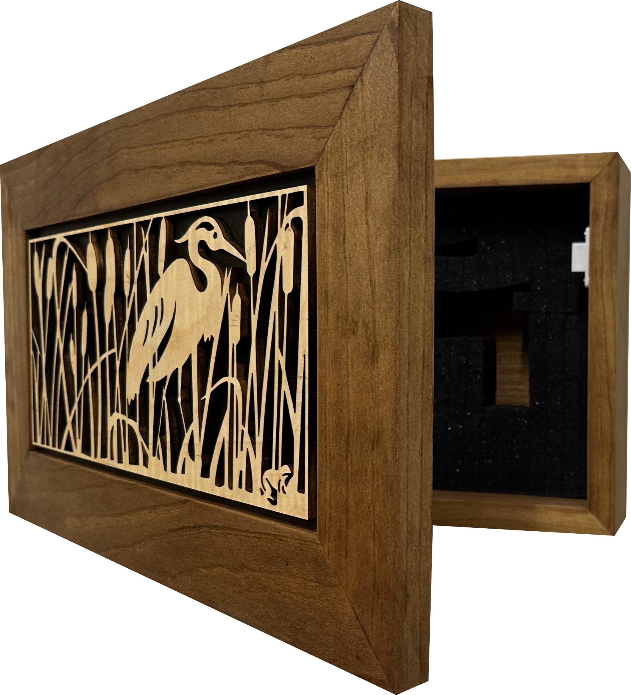 Hidden Gun Storage Cabinet with Heron in Cattails - Wall Mounted Concealed Gun Safe for Secure Firearm Storage by Bellewood Designs | Perfect for Home, Office & Cabin Security