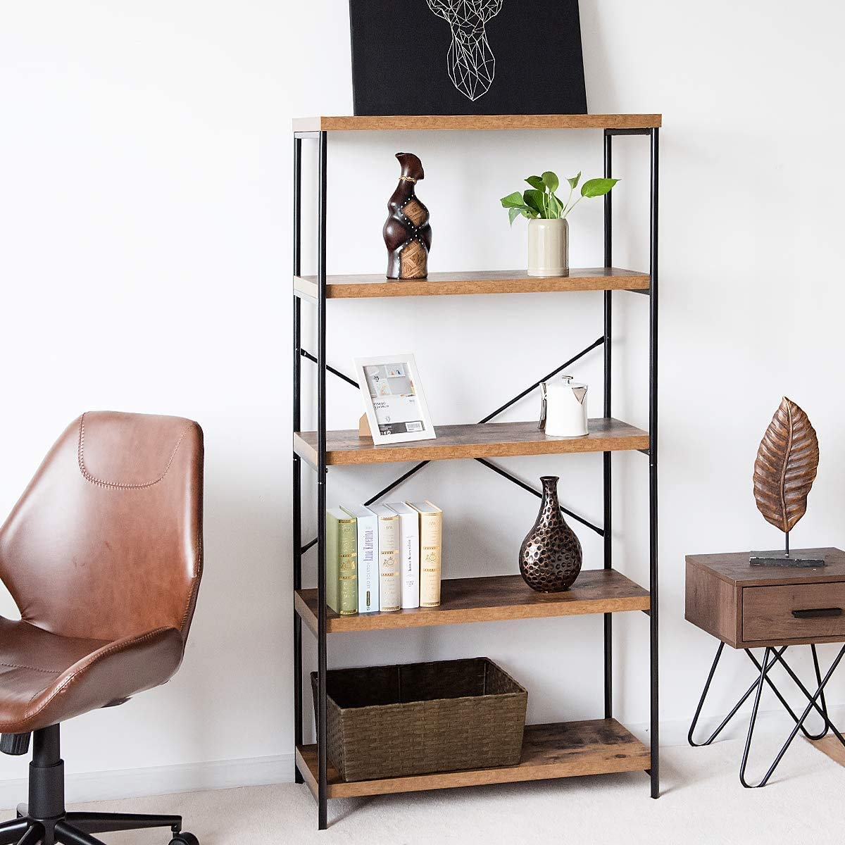 FANTASK 4-Tier Bookshelf - Vintage Industrial Storage Shelf with Iron Frame, Spacious Display Organizer for Books, Decor & Essentials - Perfect for Living Room, Bedroom, Home Office & Dorm Organization