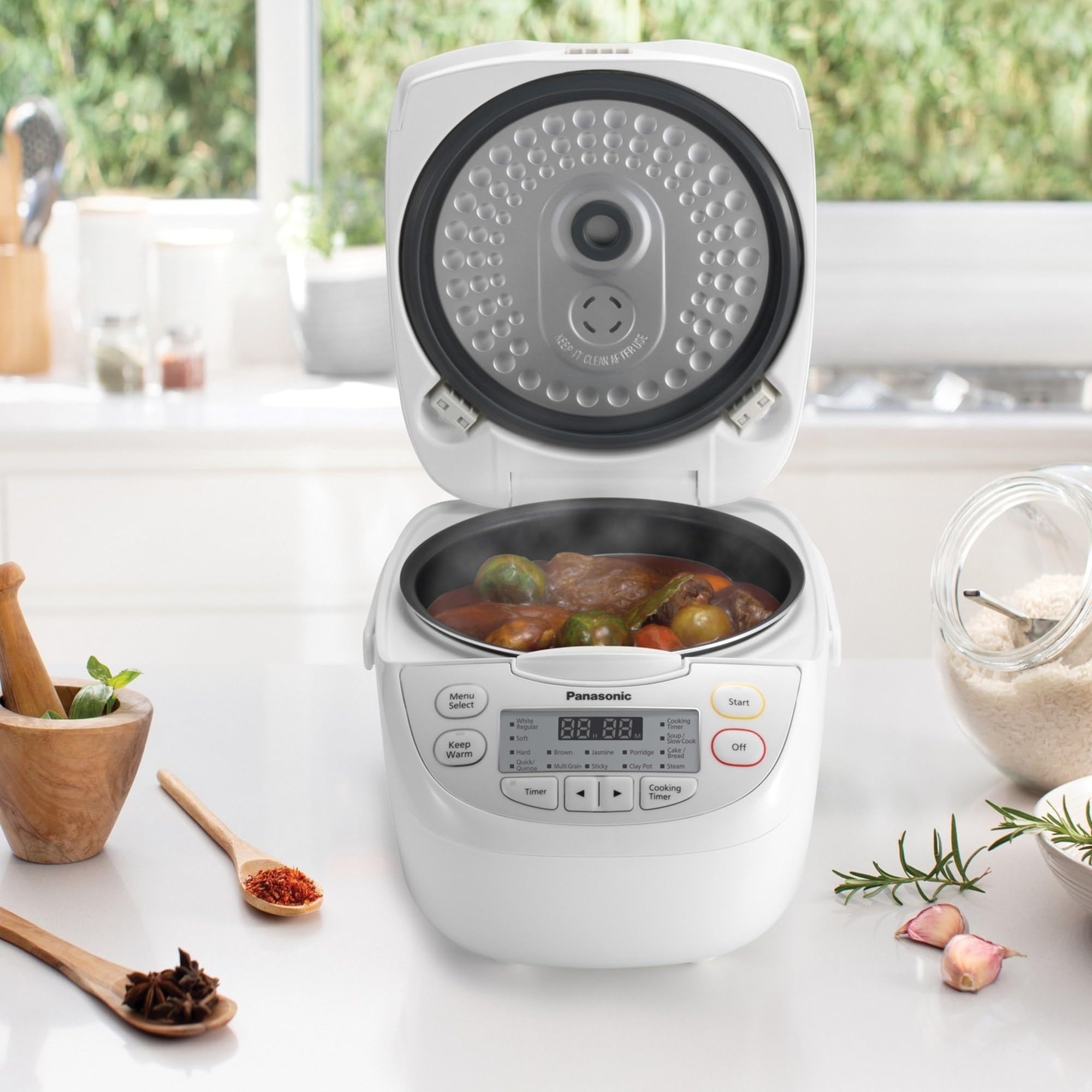 Panasonic 5-Cup (Uncooked) Rice Cooker 1.0L - Smart Pre-Programmed Settings for White Rice, Brown Rice, Porridge & Soup - Compact White Rice Maker (SR-CN108) - Perfect for Small Kitchens, Dorms, Offices & RV Cooking