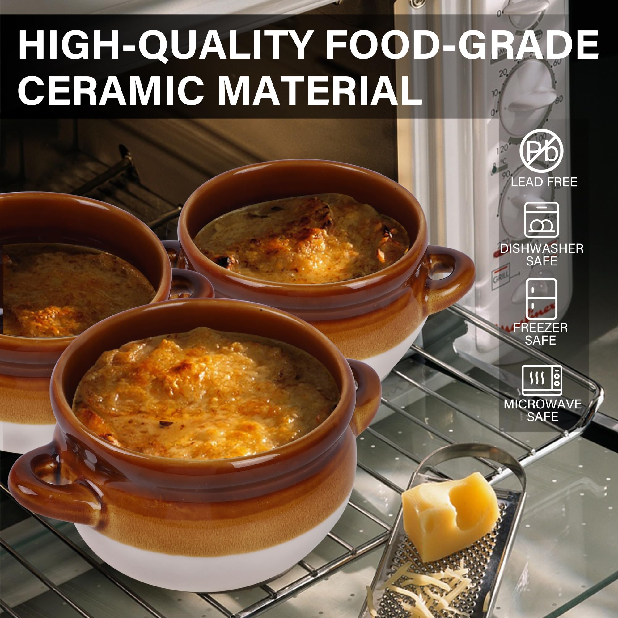 4-Pack 16 Oz French Onion Soup Crocks - Oven Safe Ceramic Bowls with Handles for Baking, Serving & Entertaining - Perfect for French Onion Soup, Casseroles & Desserts