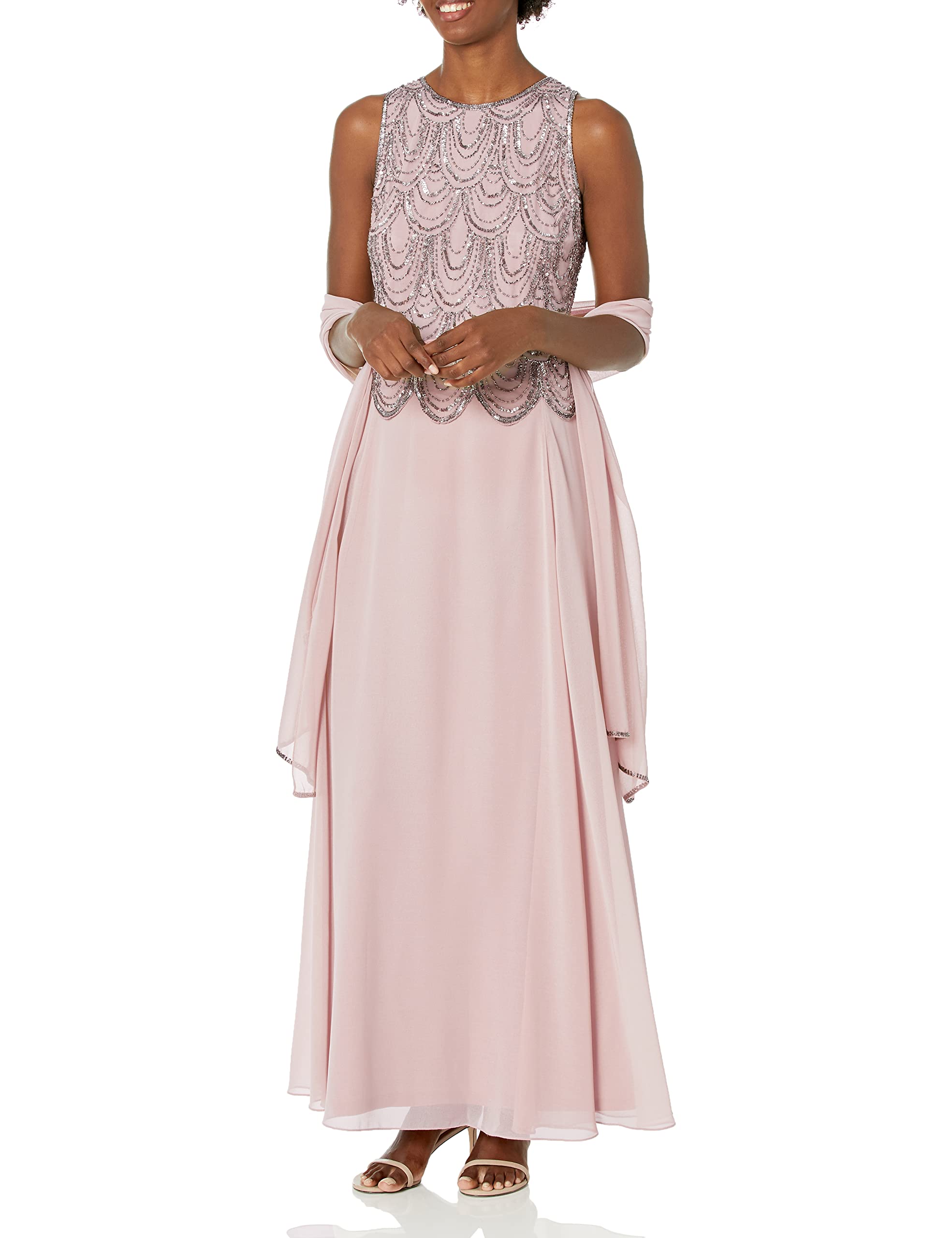 J Kara Women's Sleeveless Beaded Maxi Dress with Detachable Scarf - Elegant Summer Beach Wedding Party Dress for Women