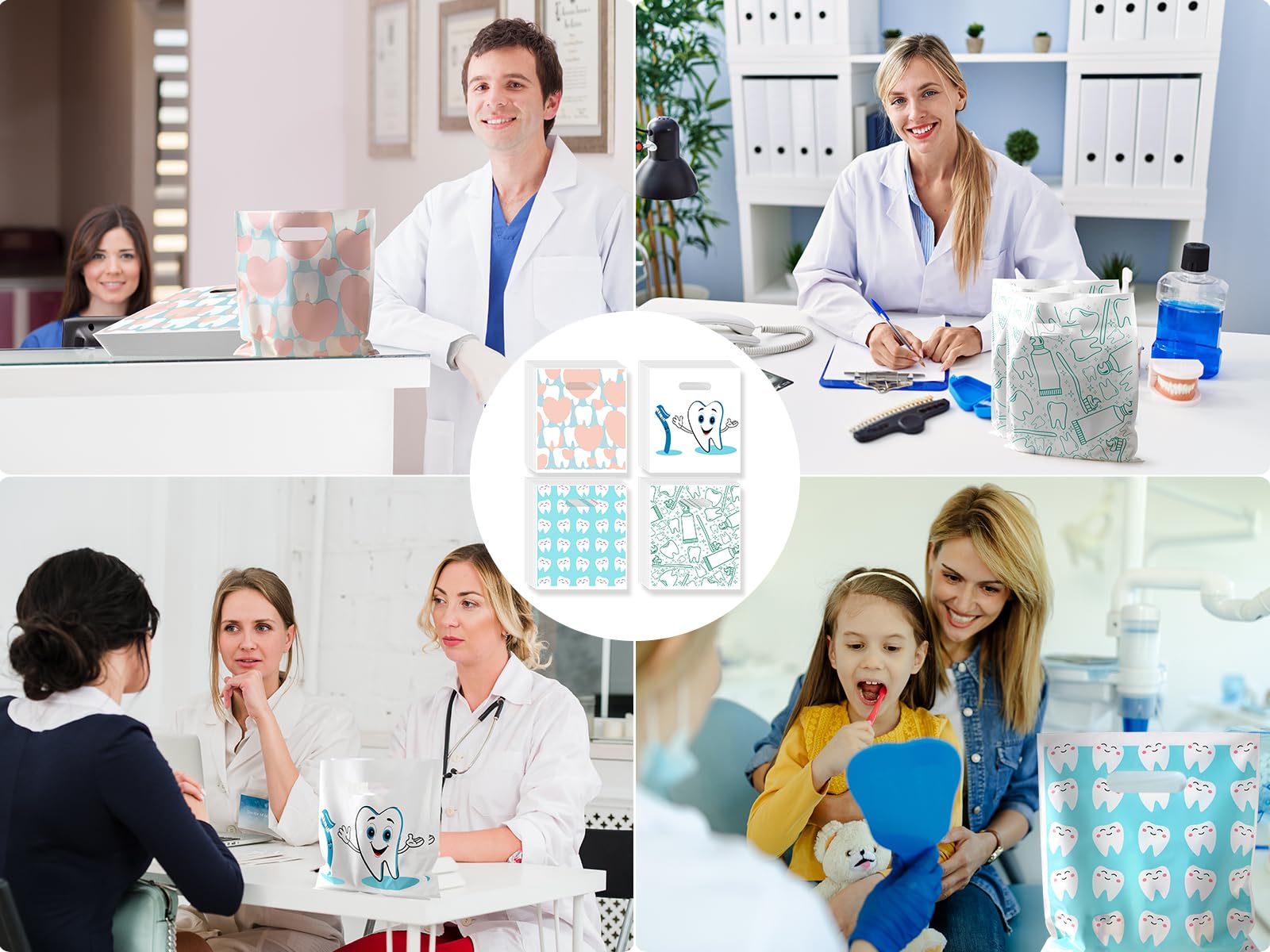 100 Pcs Disposable Dental Bags, 9 x 8 Inches Tooth Patient Care Goodie Bags for Dentists, Clinics, Schools & Home Use - Perfect for Dental Supplies, Party Favors & Patient Gifts (Style 1)
