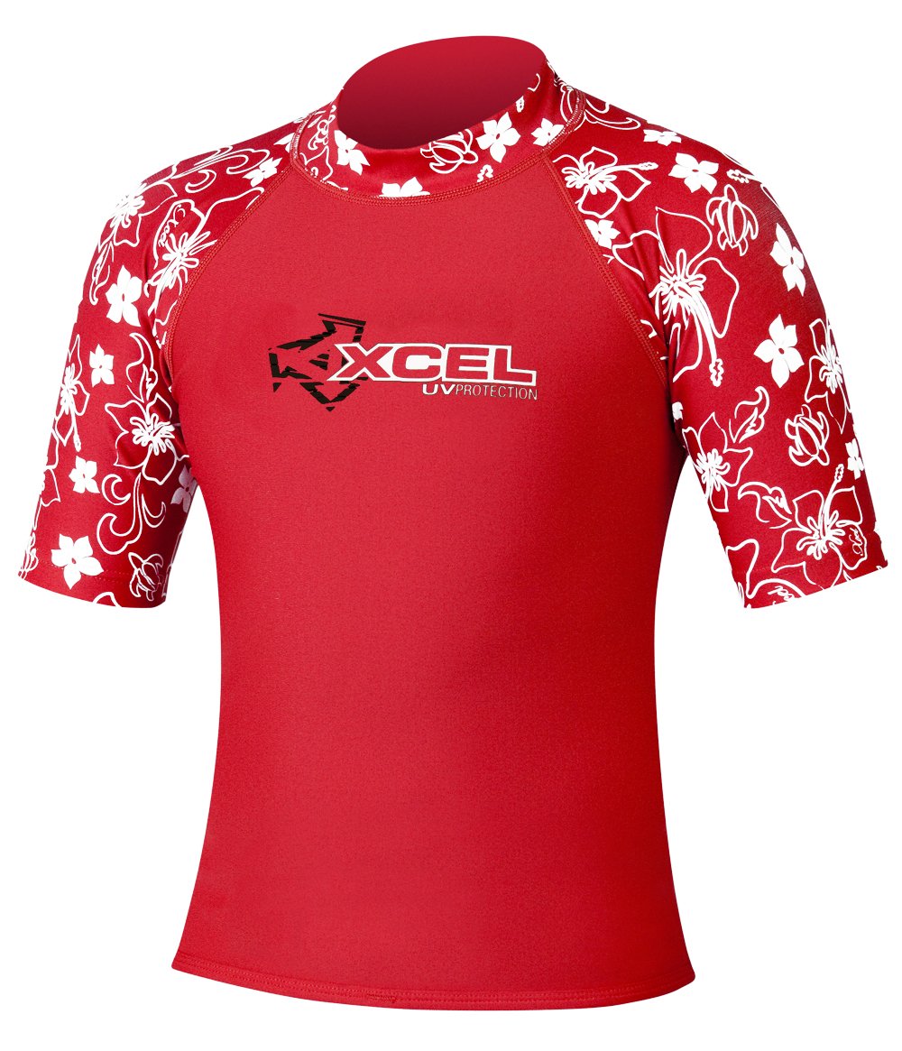 XCEL Boys' 4-Way Stretch Quick-Dry Rash Guard Shirt - Deep Red/White Floral Print, UPF 50+ Sun Protection for Swimming, Surfing & Outdoor Activities