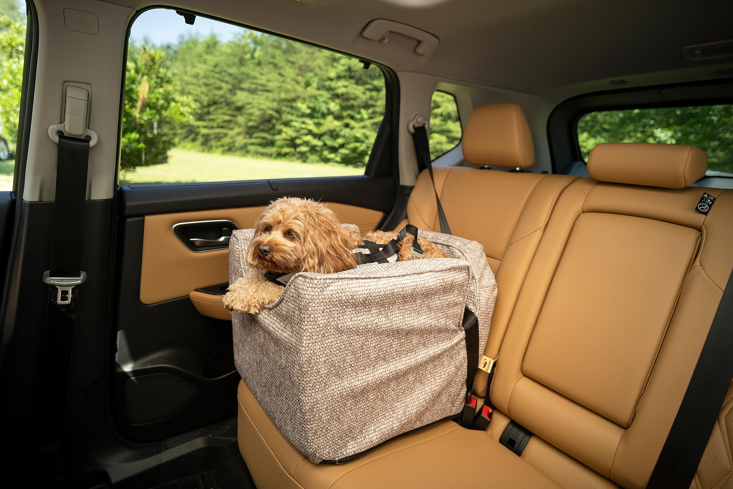 Snoozer Lookout Dog Booster Car Seat for Small Dogs 5-15 lbs - Merlin Linen Fabric Pet Car Seat to Prevent Motion Sickness - Removable & Machine Washable Cover - Perfect for Road Trips & Vet Visits