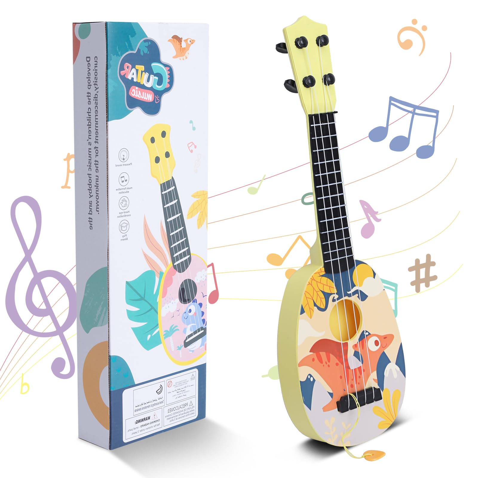 YOLOPLUS+ 17 Inch Kids Ukulele Toy with 4 Steel Strings & Pick - Early Learning Musical Instrument Gift for Preschool Children (Yellow) | Perfect for Birthday Gifts, Music Education & Toddler Playtime
