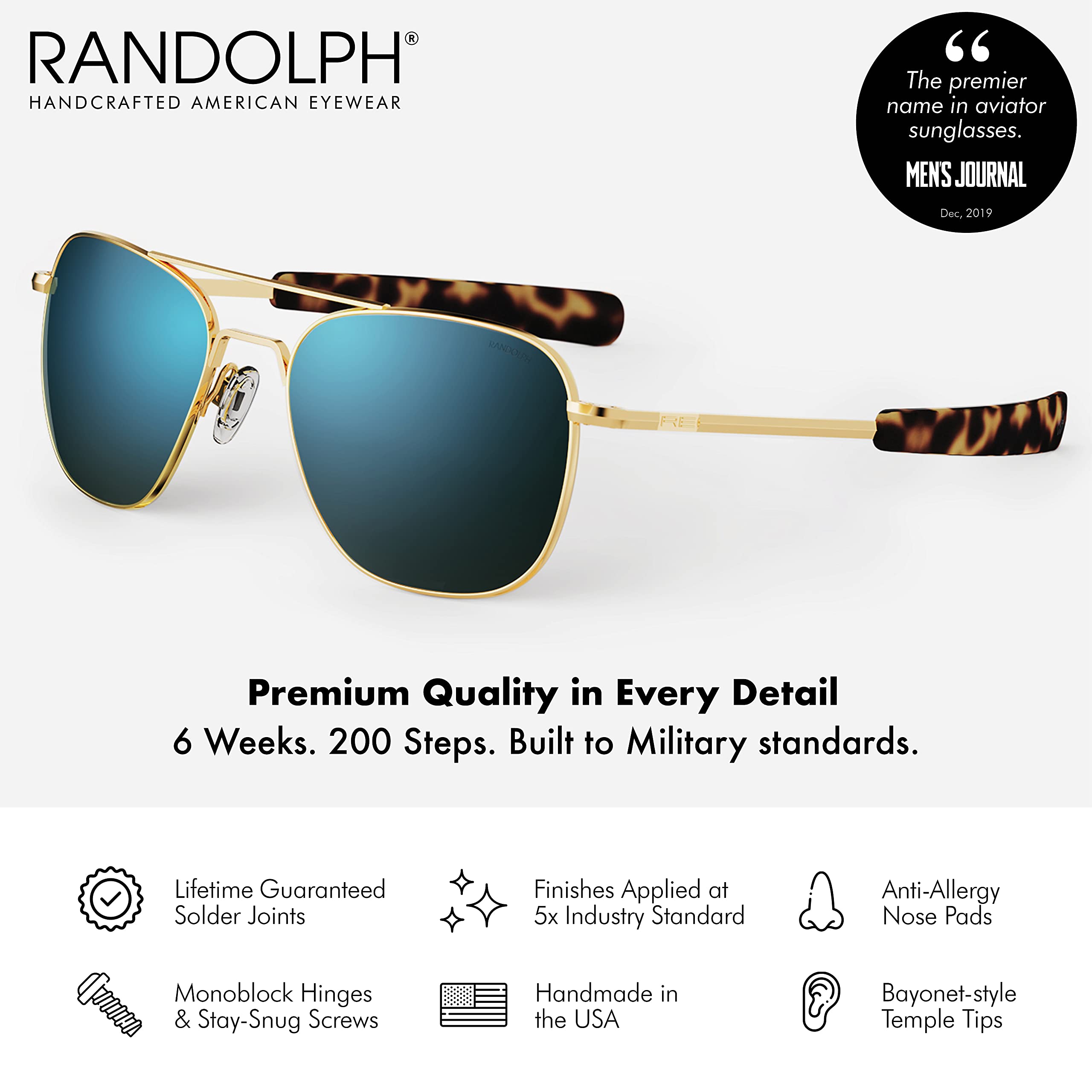 Randolph USA Gold Classic Aviator Sunglasses for Men & Women - 100% UV Protection - Polarized Pilot Shades for Driving, Outdoor Activities & Fashion