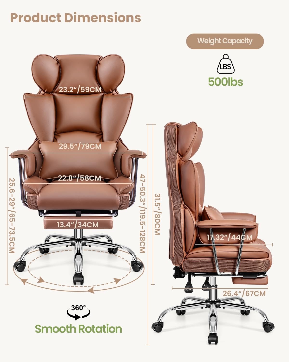 Ergonomic Office Chair with Lumbar Support - High Back Gaming Chair with Adjustable Footrest for Big and Tall Adults - Reclining Computer Desk Chair (Brown) - Perfect for Home Office, Gaming Setup & Workspace Comfort