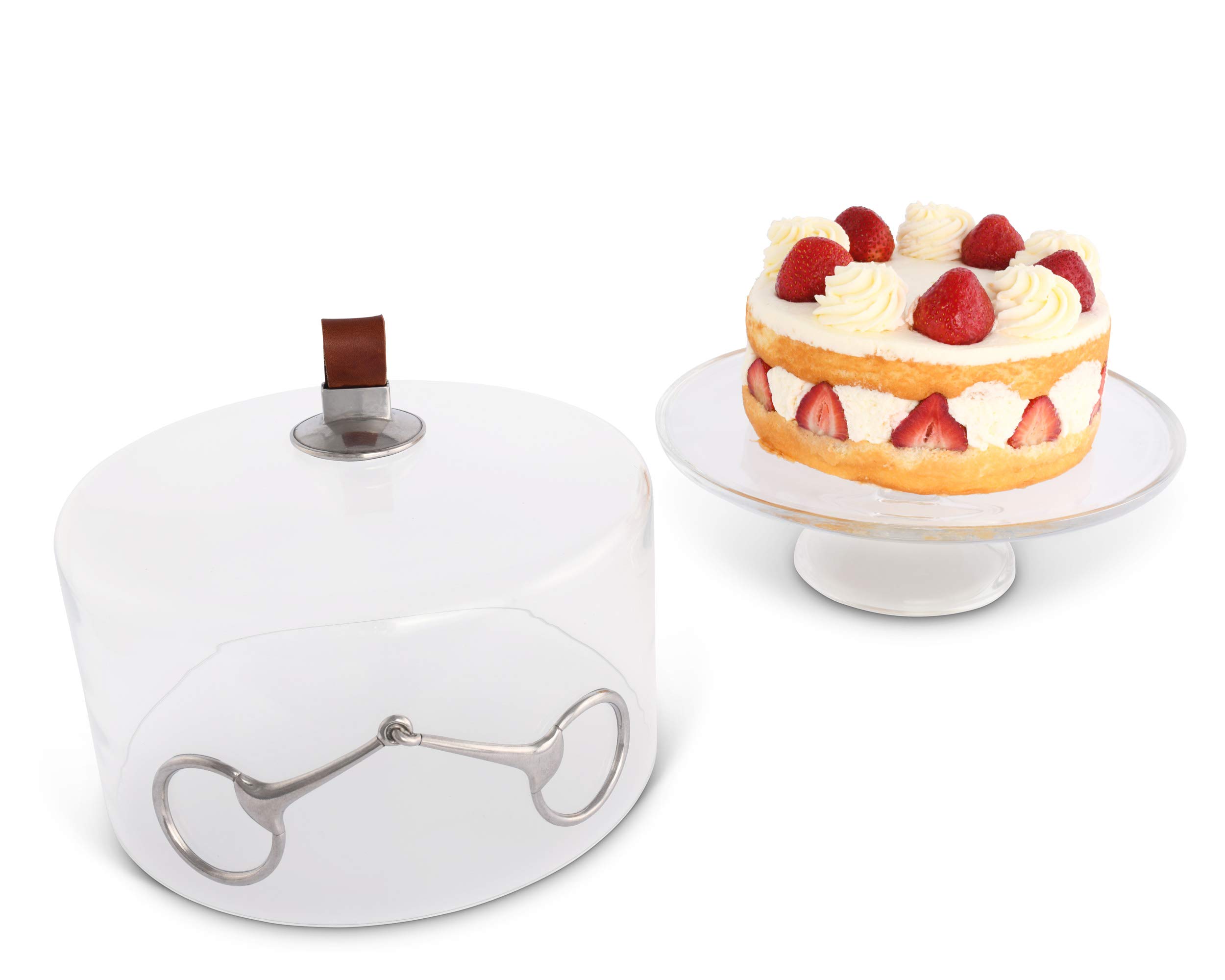 Vagabond House Handblown Glass Cake Stand with Dome Cover - 13 Inch Diameter, 4 Inch Tall - Pewter Leather Base & Knob - Elegant Dessert Display for Weddings, Parties & Home Decor