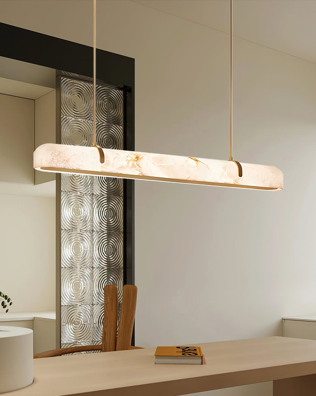 Modern Linear Alabaster Chandelier - Elegant White Crystal Pendant Light Fixture for Dining Room, Living Room & Bedroom Lighting