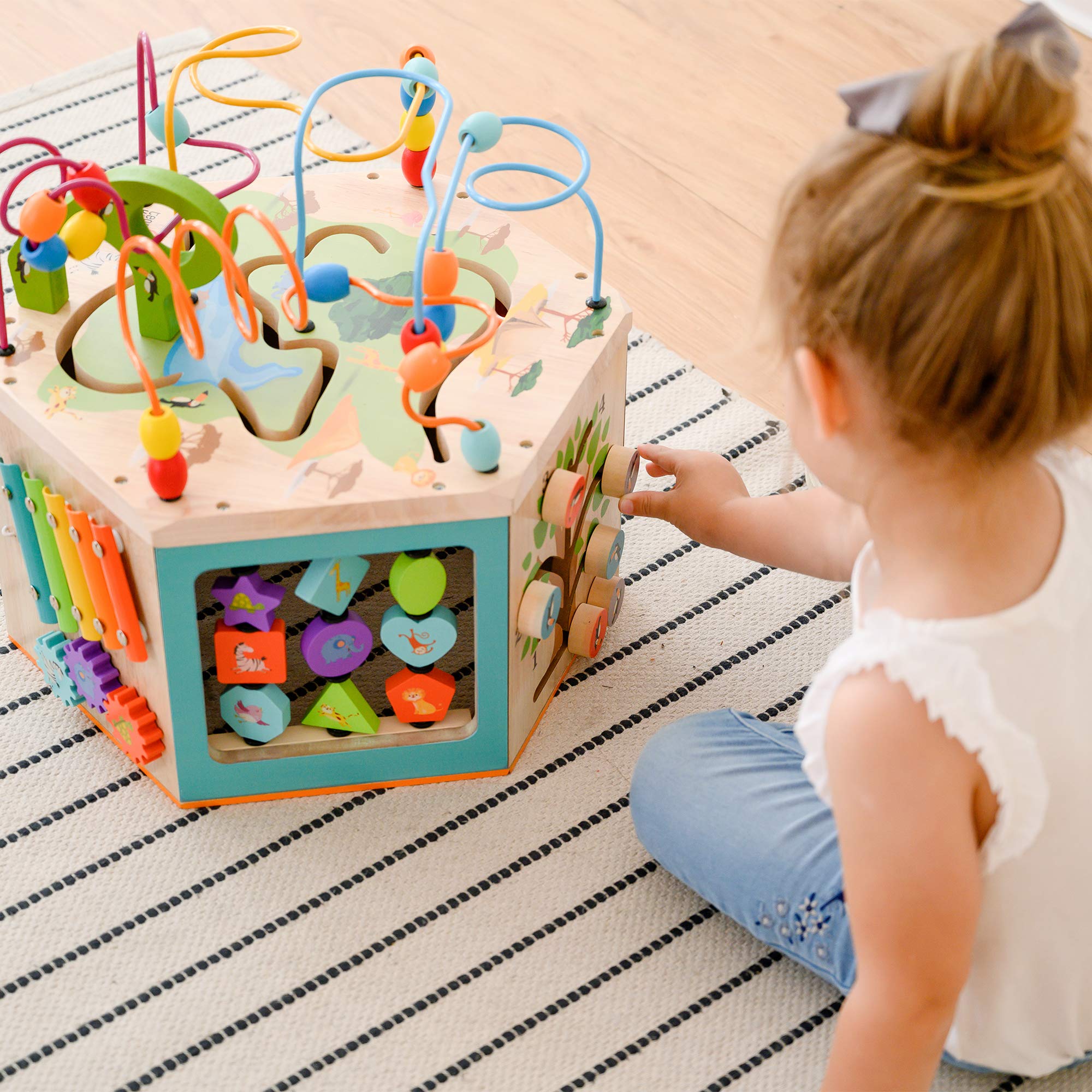 Teamson Kids Preschool Play Lab 7-in-1 Large Wooden Activity Cube - Bead Maze, Counting Toys & Learning Station for Toddlers & Babies (Natural Wood) - Perfect for Early Childhood Development & Montessori Playrooms