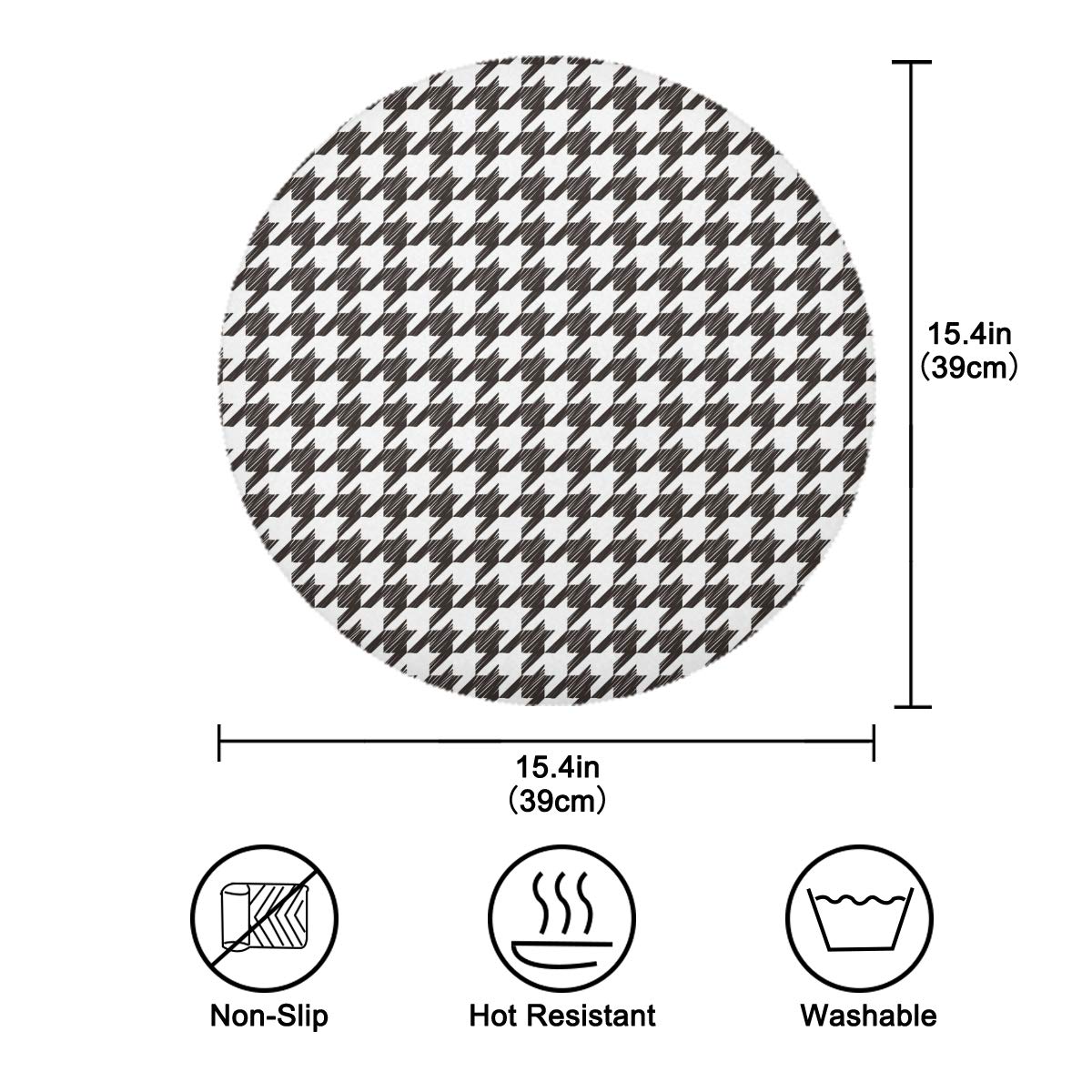 Nander Round Washable Placemats Set of 6 - Black Houndstooth Plaid Polyester Dining Table Mats for Kitchen, Dinner Party & Holiday Decor