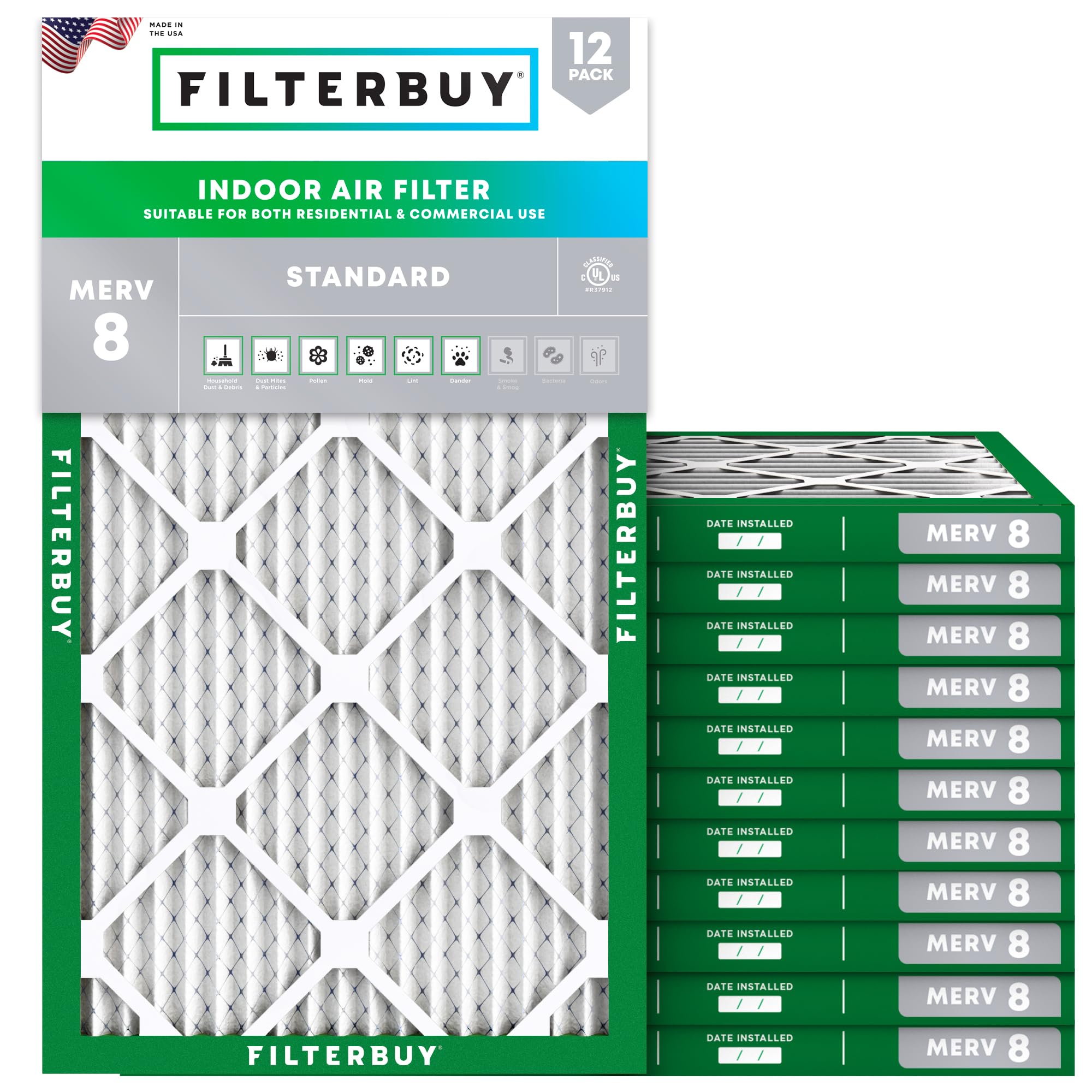 Filterbuy 8x20x1 MERV 8 Pleated Air Filter (12-Pack) - High Efficiency HVAC Furnace & AC Replacement Filters for Dust, Pollen & Allergens (Actual Size: 8x20x0.75 Inches) - Perfect for Home, Office & Commercial Spaces