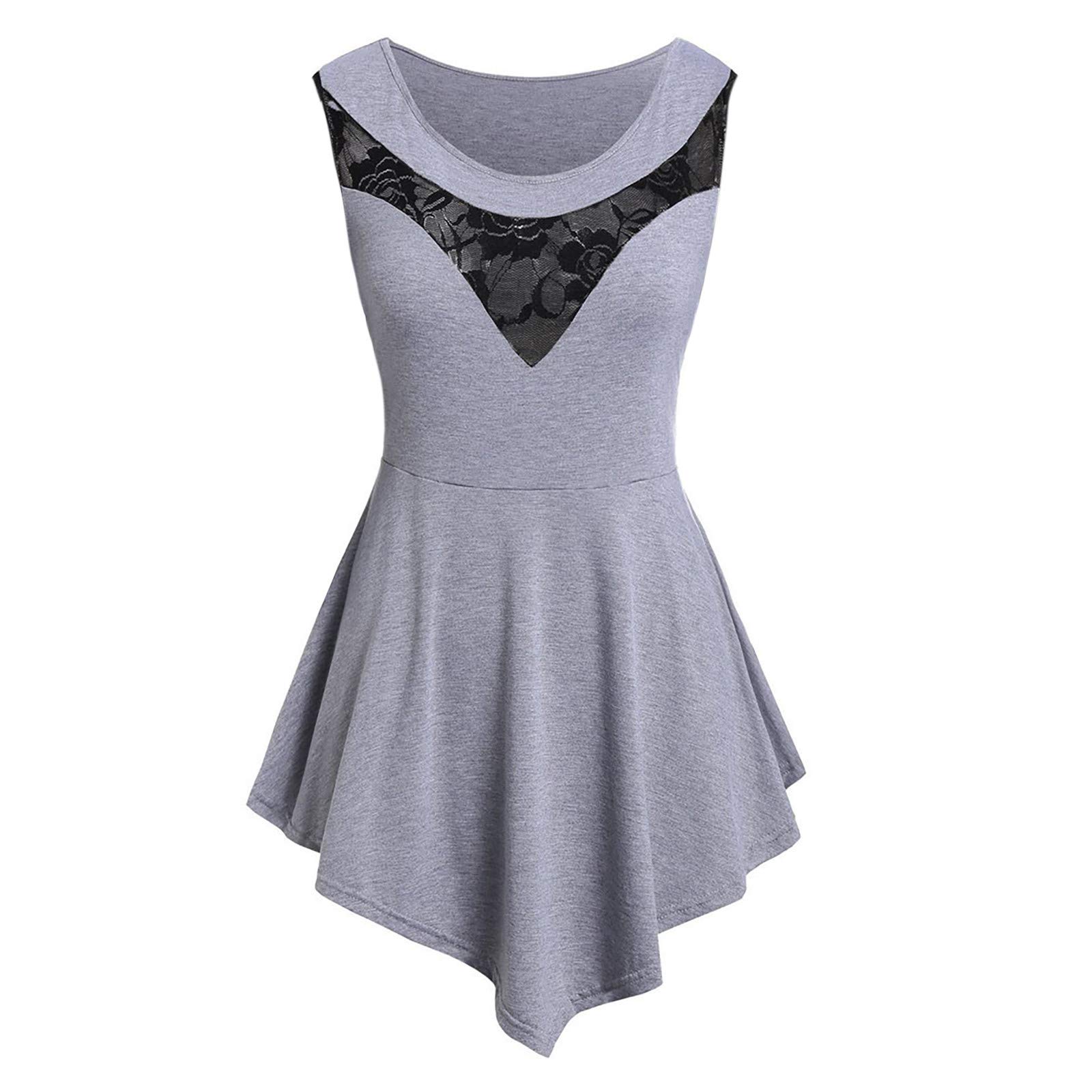 Floral Lace Plus Size Women's Sleeveless Blouse - Asymmetric O-Neck Tunic Top for Casual Wear & Summer Outfits