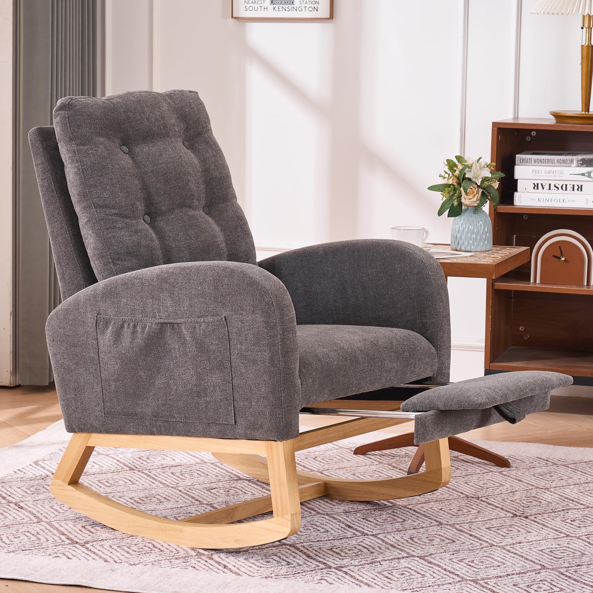 Comfy Nursery Rocking Chair with Retractable Footrest - High Back Glider Rocker with Padded Seat - Accent Armchair for Living Room, Bedroom & Office (Gray) - Perfect for Nursing, Reading & Relaxing