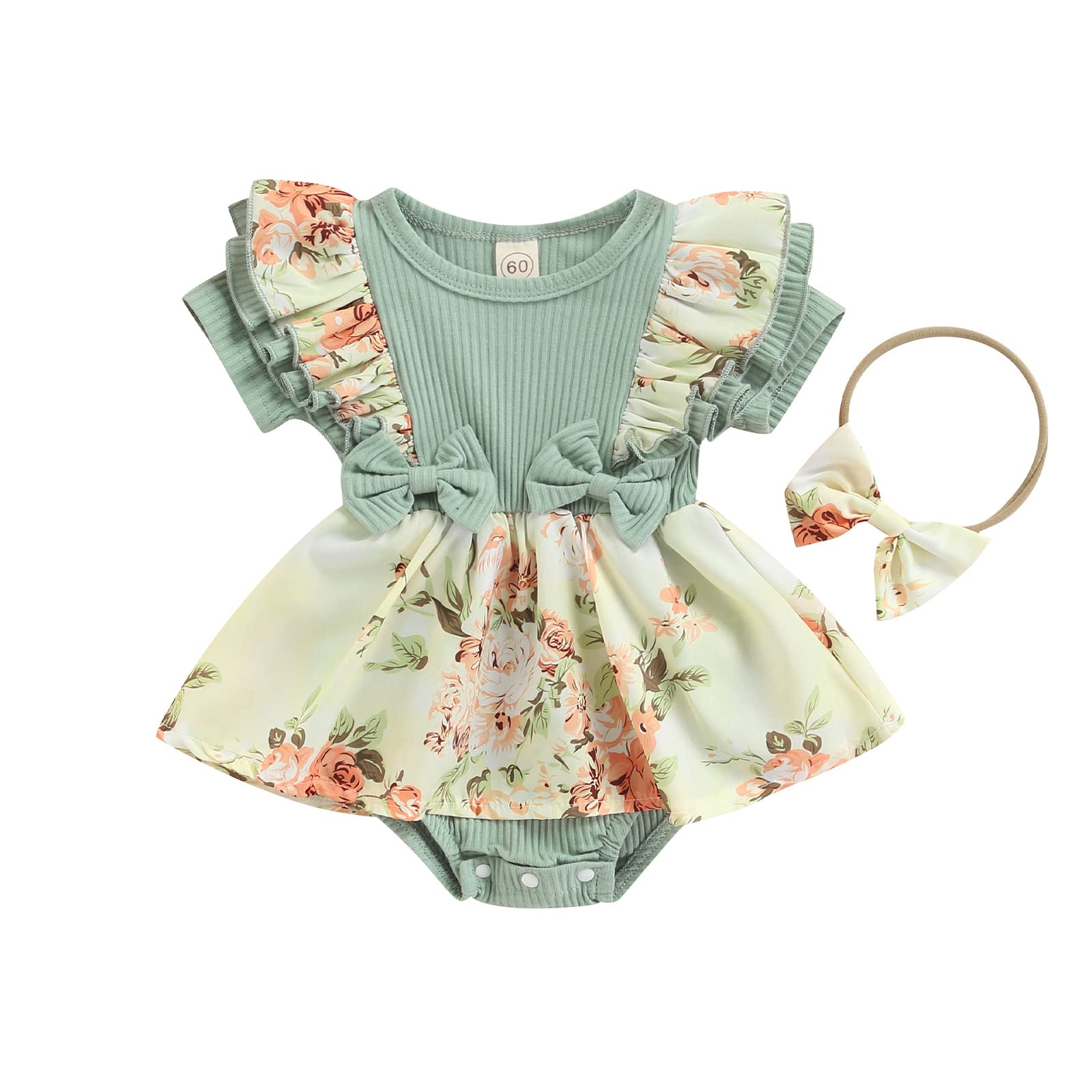 FYBITBO Baby Girl Floral Romper Dress - Newborn Outfits with Ruffle Long Sleeve & Headband - Cute Tutu Bodysuit for Fall & Winter - Perfect for Photoshoots, Parties & Special Occasions