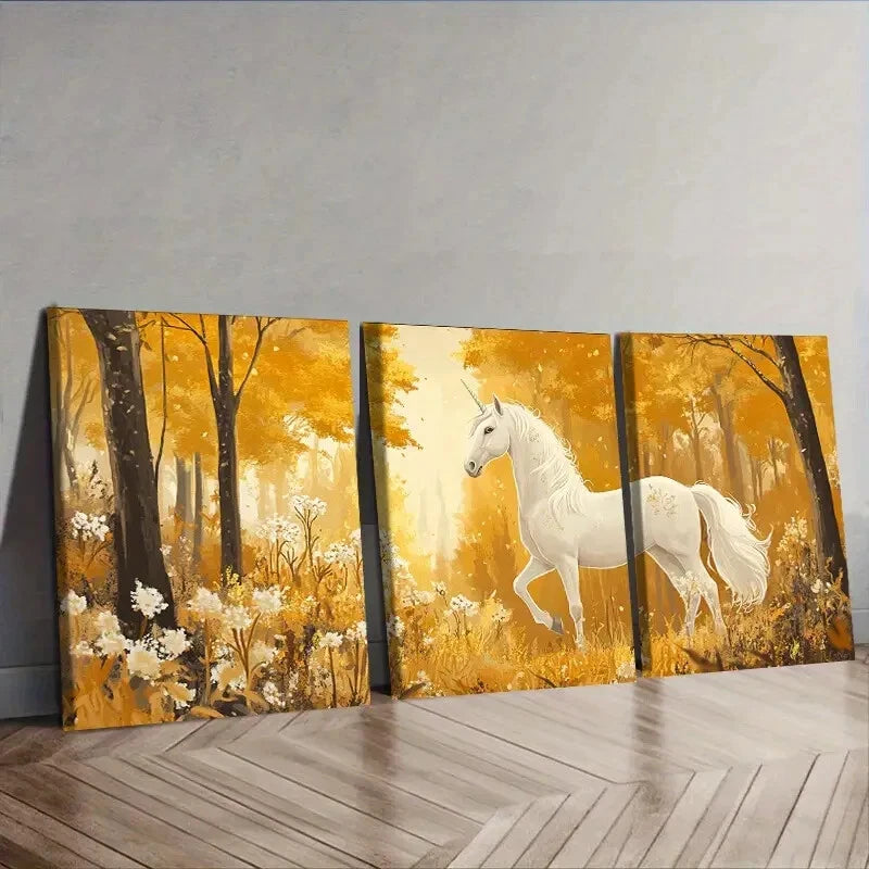 3-Piece White Unicorn in Enchanted Forest Wall Art Set - 40x60cm Framed Canvas Prints | High Quality Australian Made | Perfect for Nursery, Kids Room & Fantasy Decor