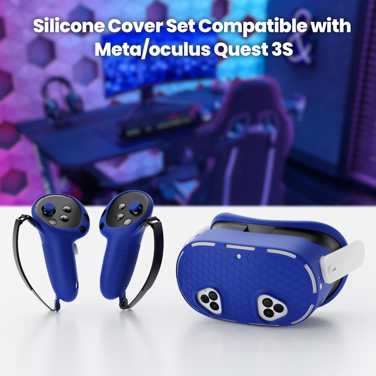 Meta/Oculus Quest 3 VR Accessories Set - Blue Silicone Face Cover, Shell Cover, Controller Grip Case & Lens Protector | Enhanced Comfort & Protection for Virtual Reality Gaming