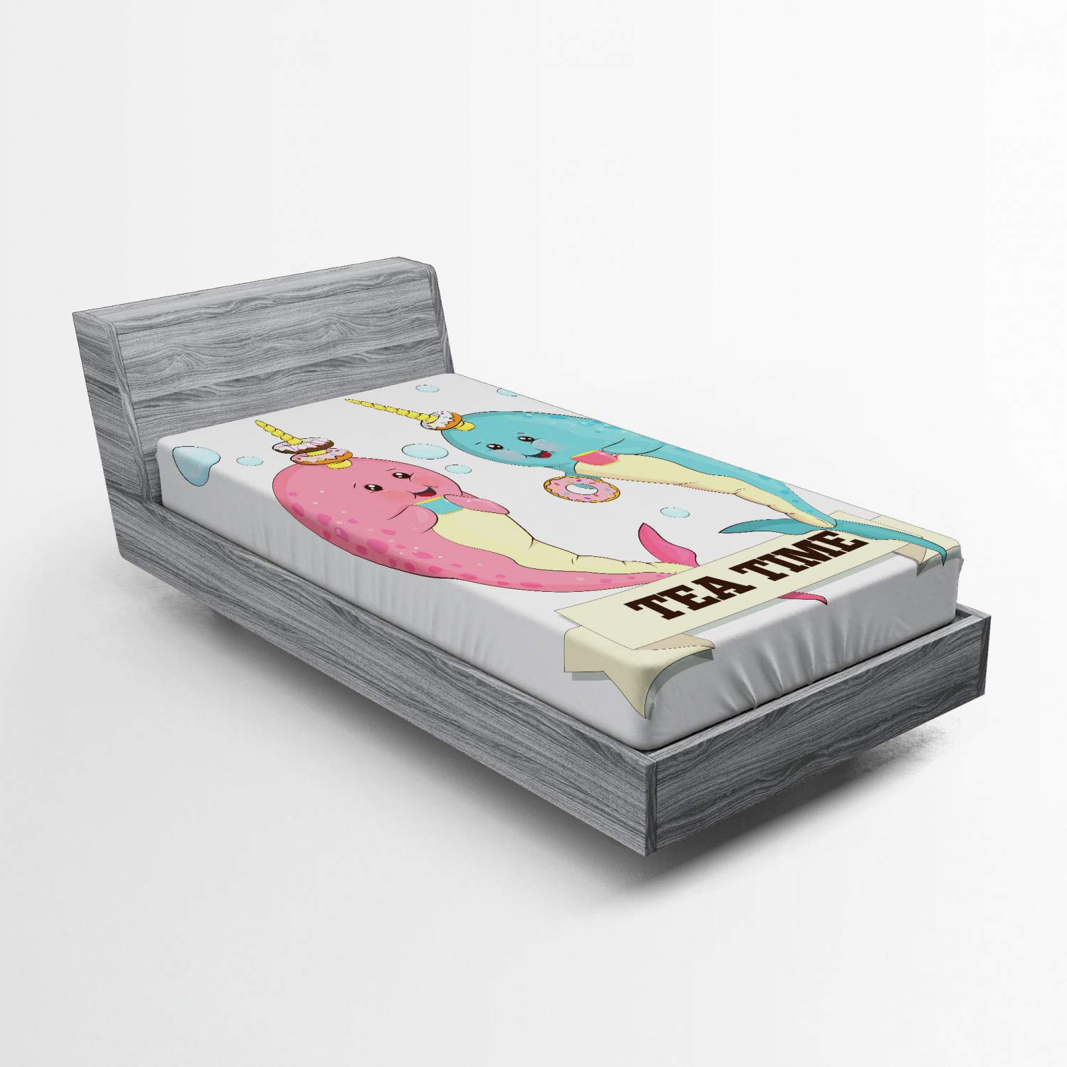 Ambesonne Narwhal Fitted Sheet - Tea Drinking Whales Ocean Unicorn Design with Abstract Bubbles Backdrop - Deep Pocket Elastic Bed Cover for Twin Size Bed - Pale Pink & Blue - Perfect for Kids' Rooms, Beach Themed Decor, and Unique Gift Ideas
