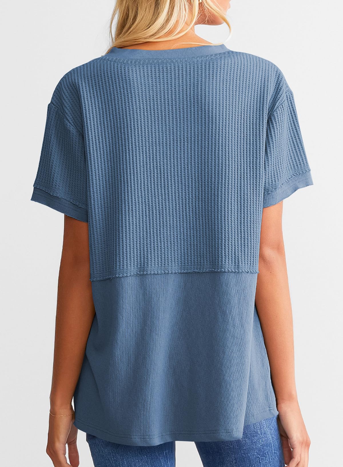 SHEWIN Women's Casual V-Neck Waffle Knit Top - Short Sleeve Loose Blouse T-Shirt for Summer, Travel & Everyday Wear