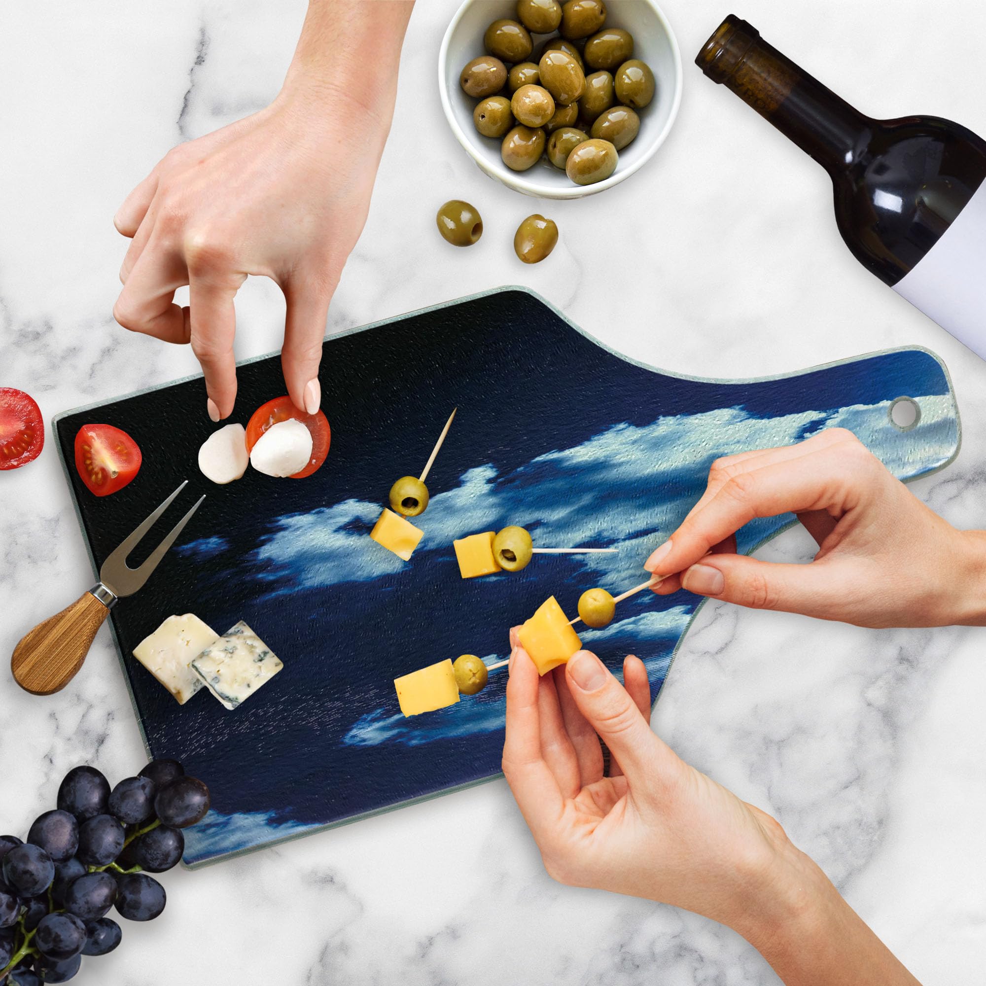 Ambesonne Dark Blue Tempered Glass Cutting Board - Sky & Dramatic Clouds Sunset Sunrise Design - Decorative Serving Board for Kitchen & Dining - Wine Bottle Shape - Blue, Dark Blue & White - Perfect for Cheese Platters, Charcuterie Boards & Wine Pairings