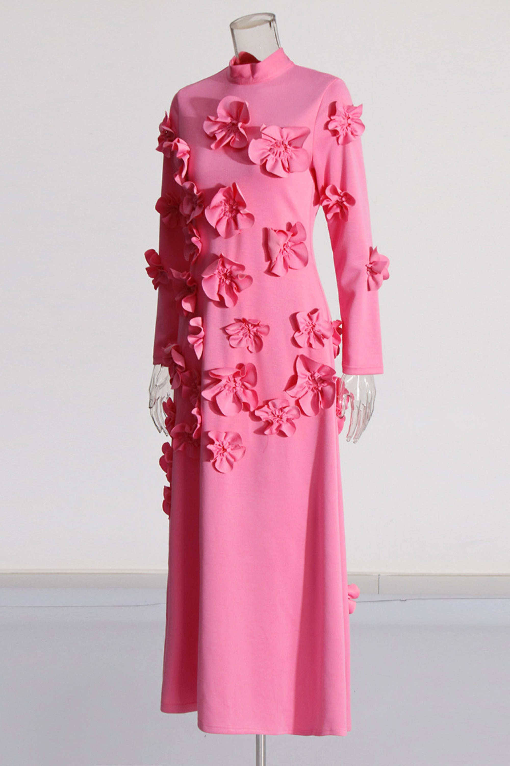 Elegant 3D Flower Stand Collar Long Sleeve Midi Dress for Women | Floral Print Party & Wedding Guest Dress | Perfect for Spring Events, Date Nights & Special Occasions