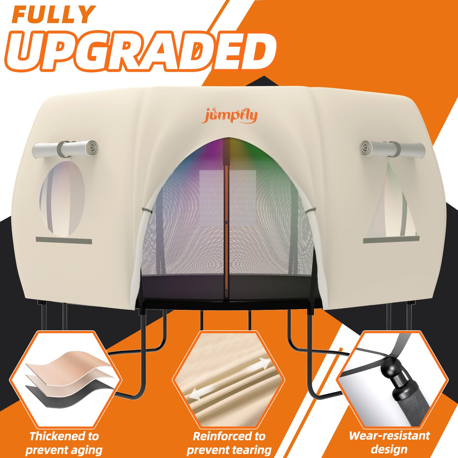 JumpFly 10FT Trampoline Tent for Kids (Tent Only) - Fits 8 Curved Poles Round Trampoline, LED Light Shade Cover, Durable Anti-Tear Canopy for Outdoor Play, Camping & Backyard Fun (Black/Light Brown)