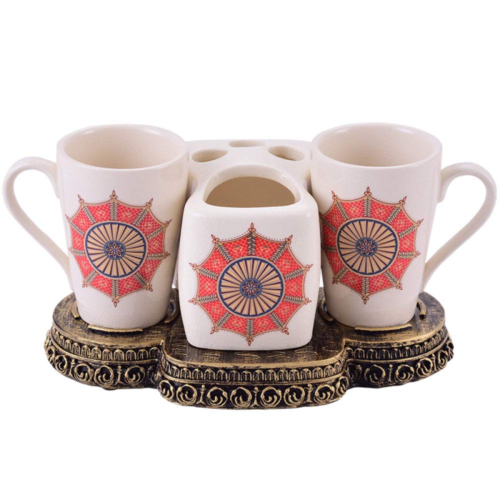 Vintage Ceramic Bathroom Accessories Set - 4 Piece Decor with Red Umbrella Applique, Beige Washing Cups, Vanity Tray & Toothbrush Holder for Home, Hotel Vanity Countertop | Perfect for Bathroom Organization and Stylish Decor