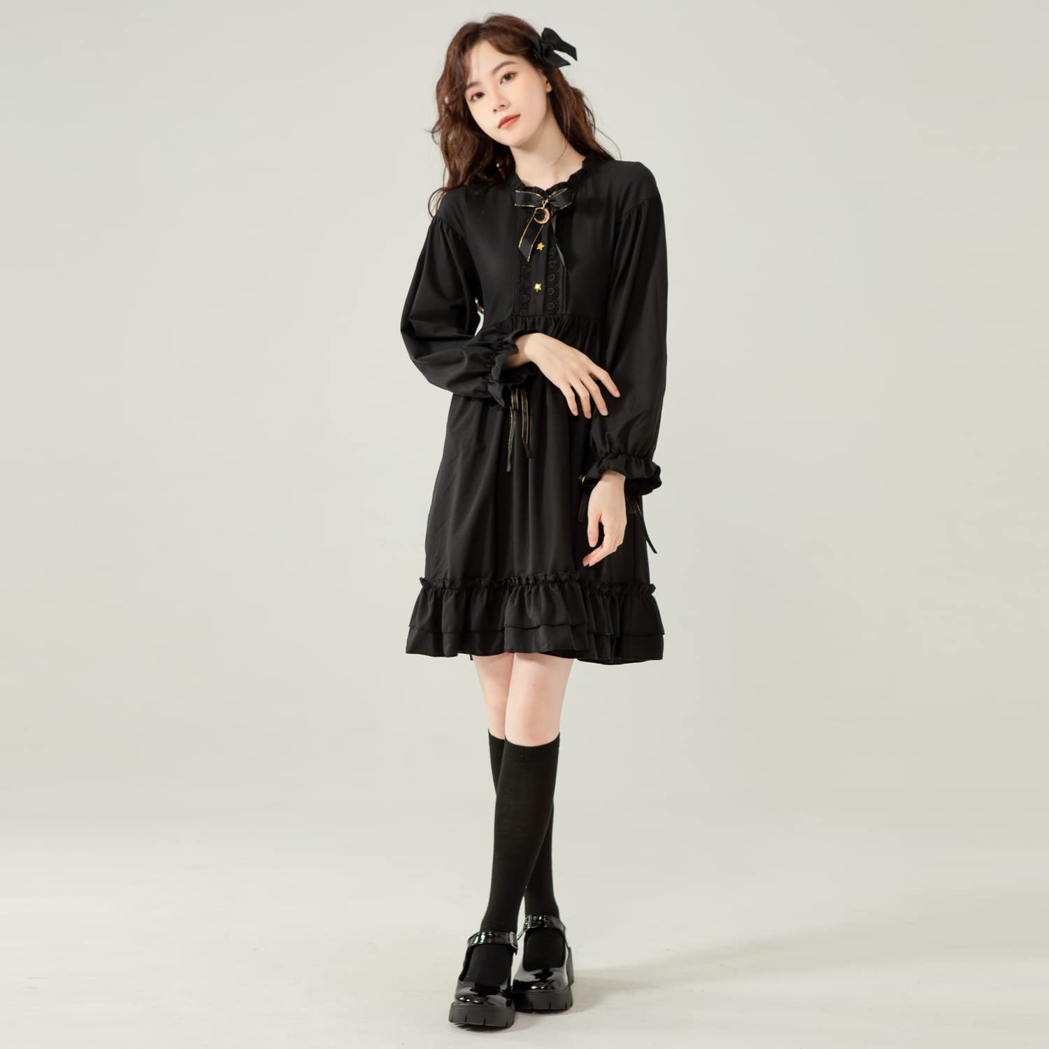 Japanese Gothic Lolita Dress for Teen Girls - Black Long Sleeve for Cosplay