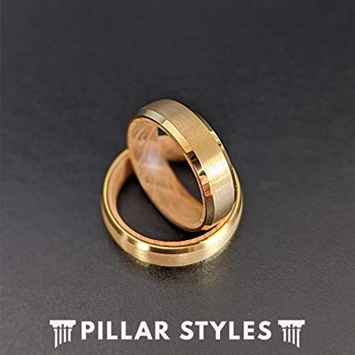 14K Gold Whiskey Barrel Ring - Men's Tungsten Wedding Band for Anniversary Gifts - Bourbon Wood Design for Couples