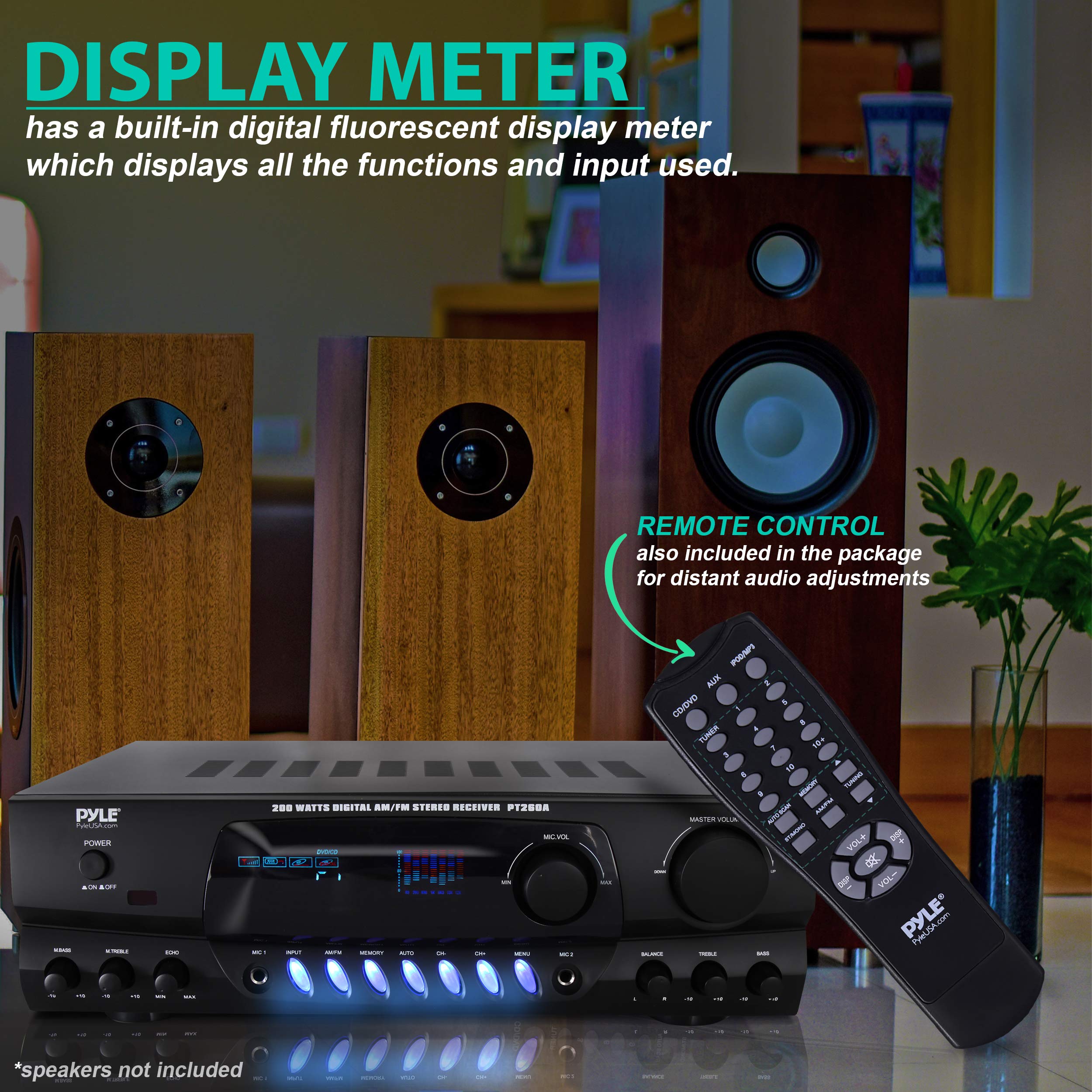 Pyle PT260A.5 200W Stereo Power Amplifier with AM/FM Tuner & Dual Mic Inputs for Karaoke - Home Audio Receiver with Echo Effect - Perfect for Home Theater, Parties, and Entertainment Systems