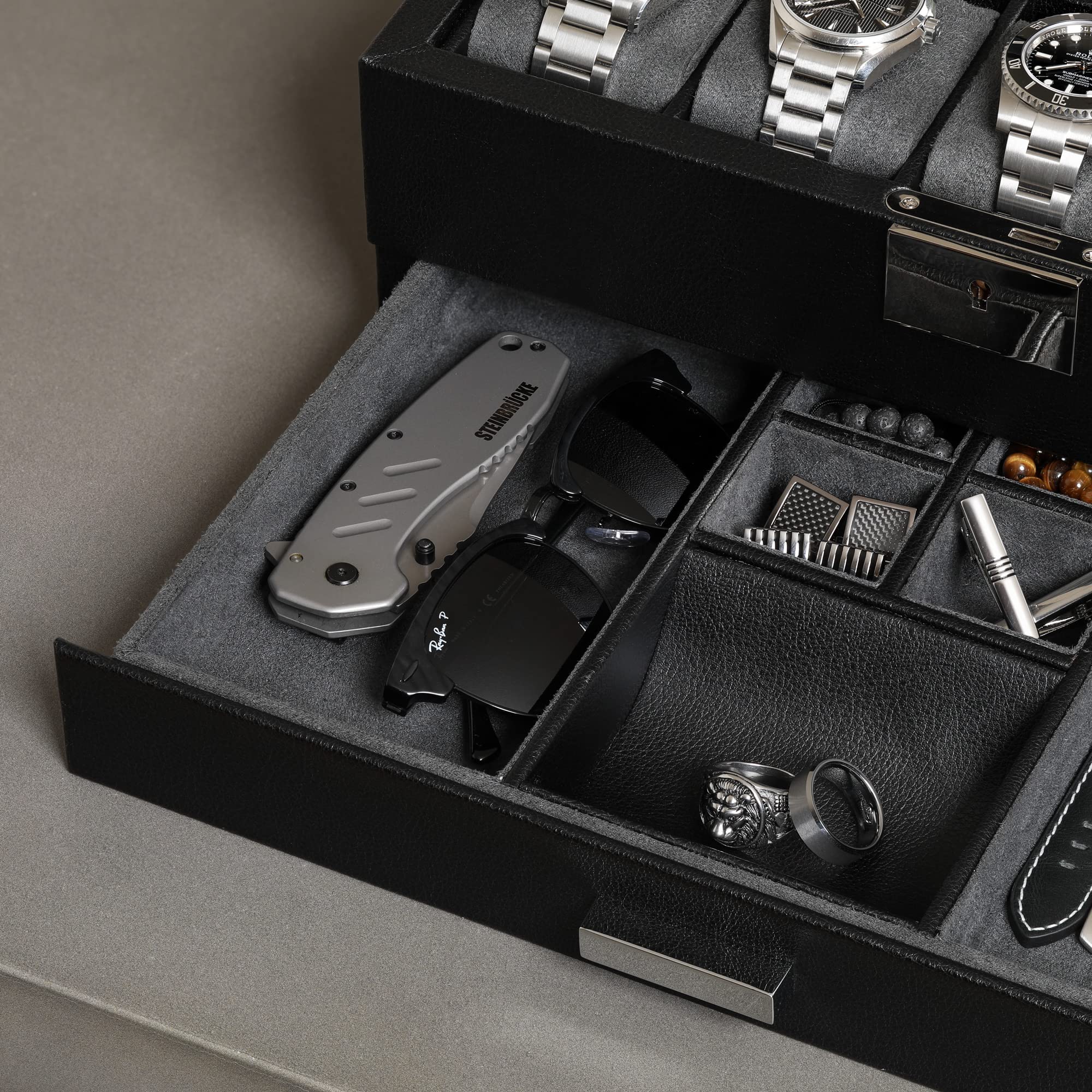 ROTHWELL 10-Slot Leather Watch Box with Valet Drawer - Luxury Watch Case Organizer with Ultra Soft Microsuede Liner, Jewelry & Sunglass Storage - Large Glass Top Display (Black/Grey) - Perfect for Watch Collectors & Gift Giving