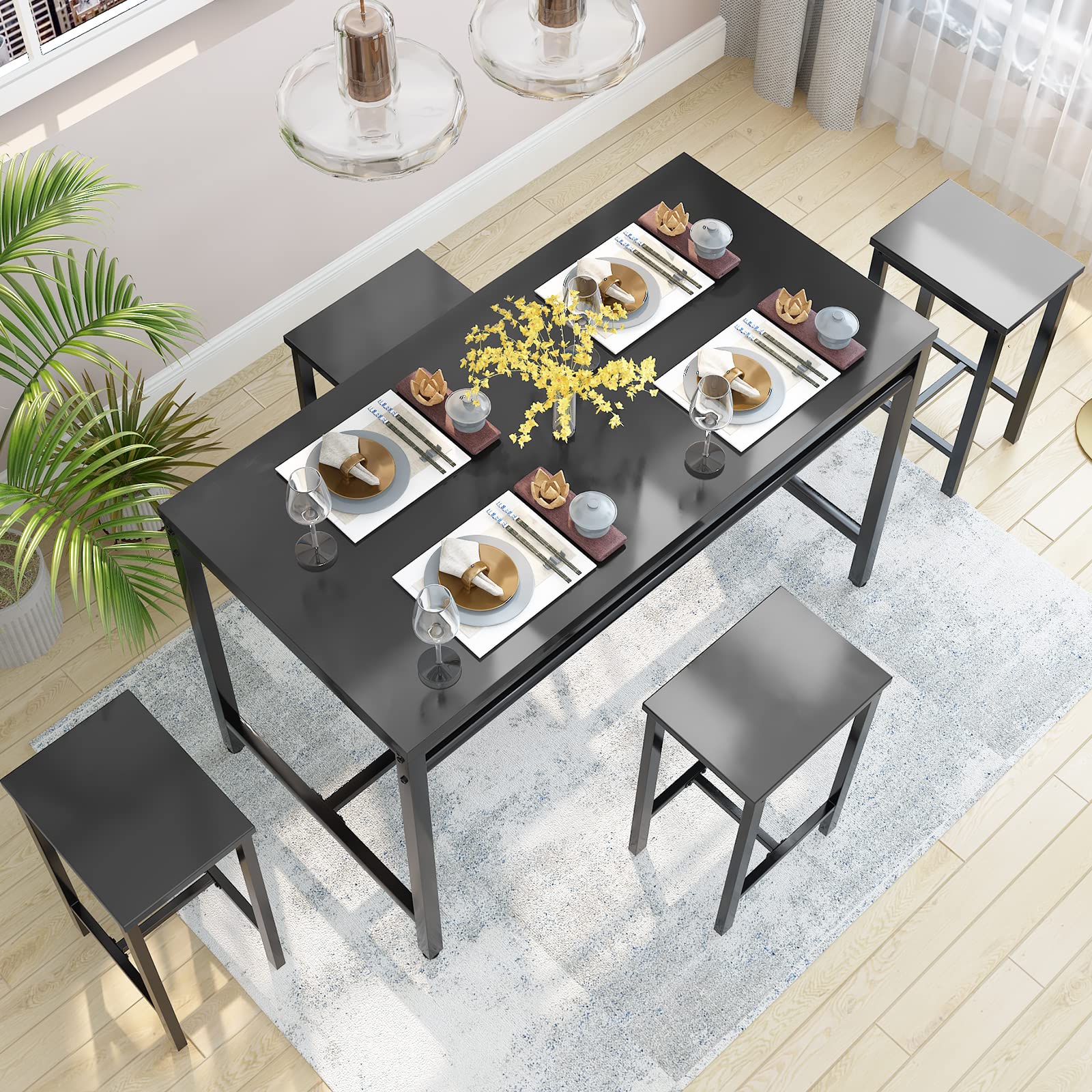 Modern 5-Piece Counter Height Dining Bar Table Set for 4 - Black Bar Table & 4 Stools for Small Spaces, Apartments, Pubs, Kitchen & Dining Room - Perfect for Entertaining, Breakfast Nooks & Compact Living Areas