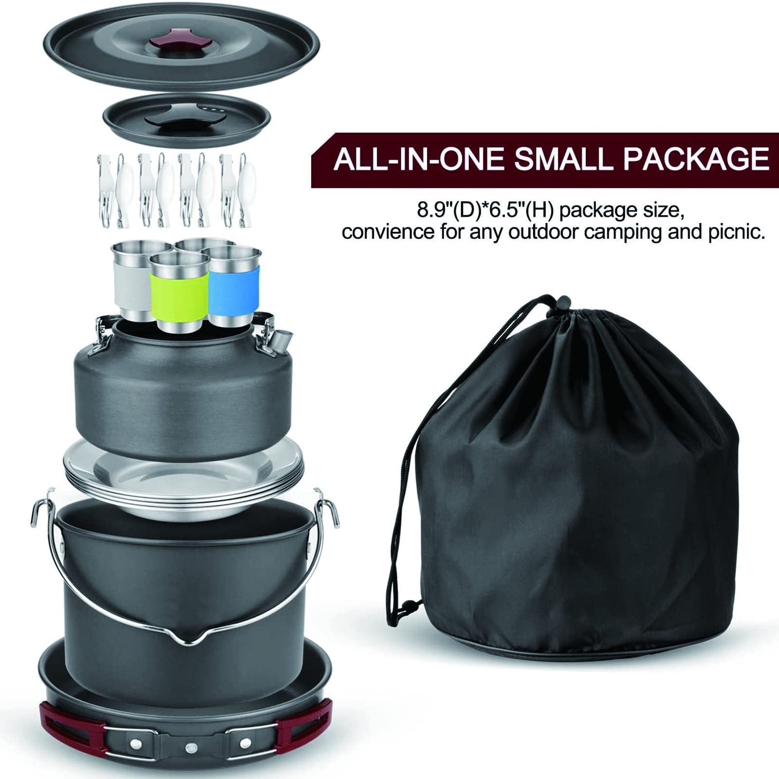 Portable Stainless Steel Camping Cookware Set with Kettle for 3-4 People - Outdoor Cooking Kit for Camping, Hiking, Picnics & Backpacking | Durable & Lightweight for Easy Outdoor Meals