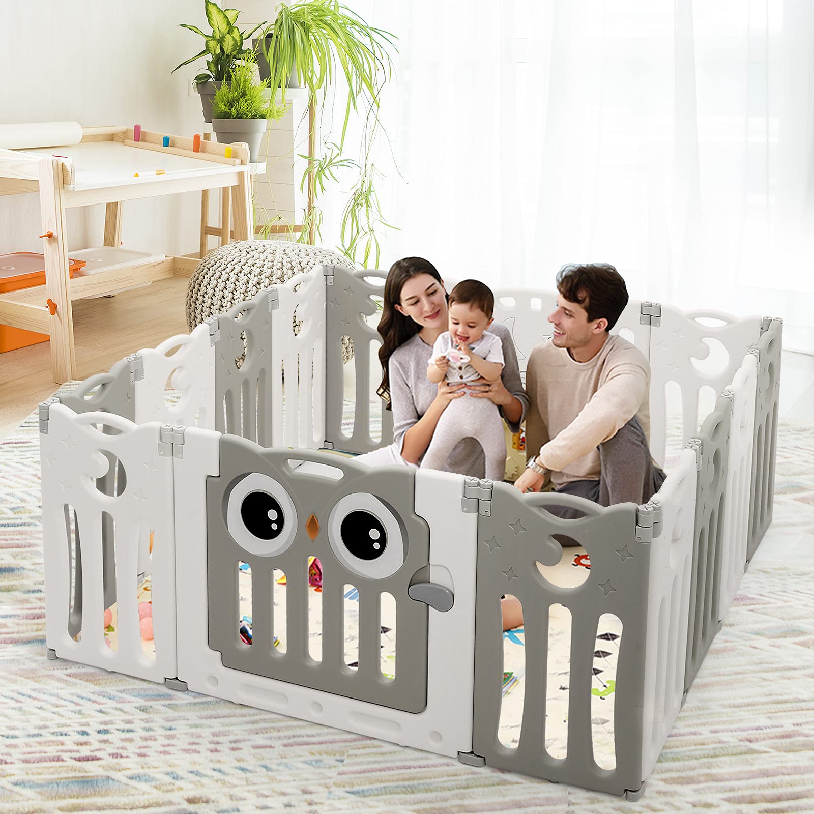 HONEY JOY Baby Playpen - 14 Panel Owl Design Play Yard with Anti-Slip Base & Lockable Door | Indoor Portable Safety Fence for Toddlers & Infants | Perfect for Playrooms, Living Rooms & Daycare Centers (Beige)