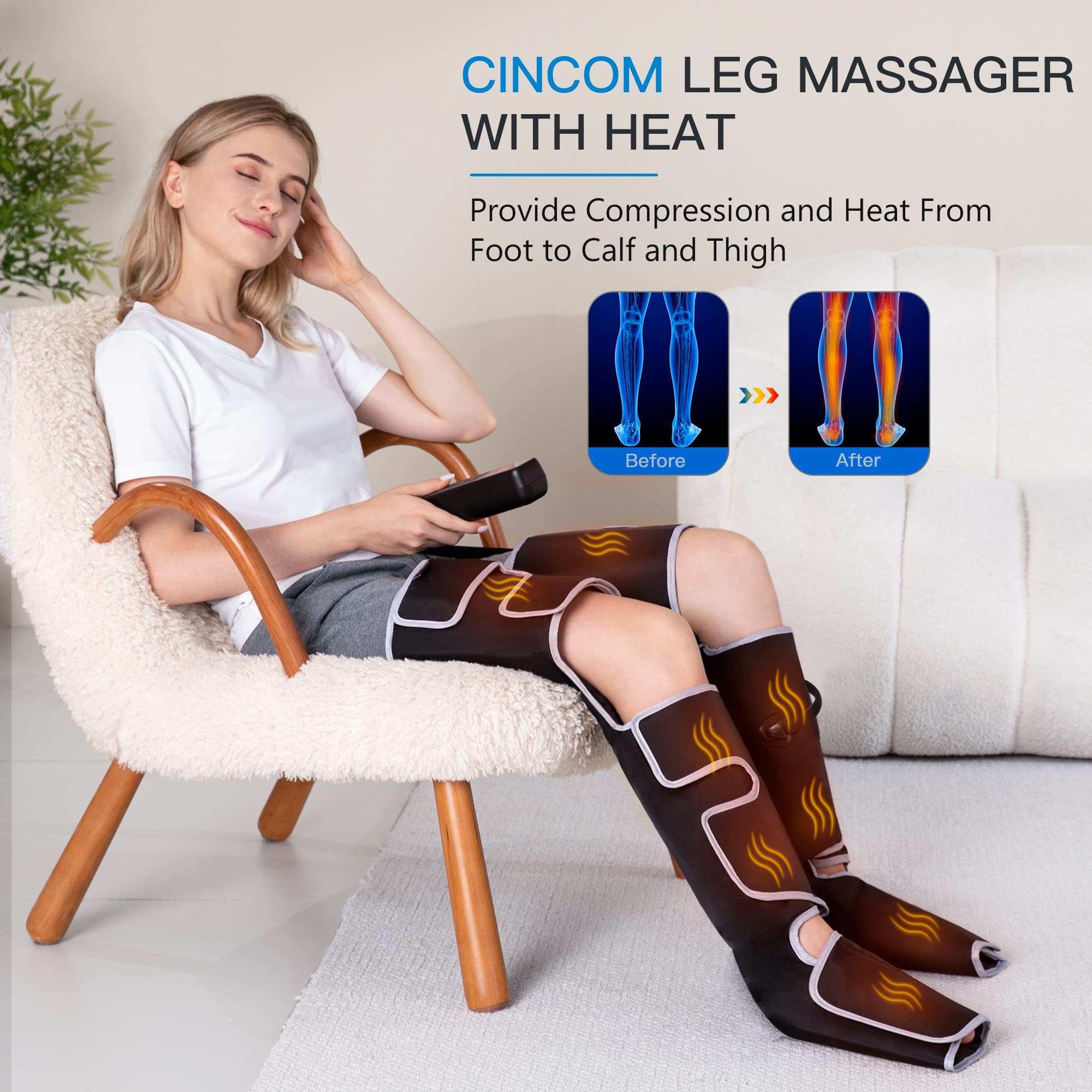 CINCOM Leg Massager with Heat & Air Compression - 3 Heat Levels, 3 Massage Modes & 3 Intensities for Improved Circulation - Perfect Father's Day & Mother's Day Gift for Relaxation, Recovery & Pain Relief