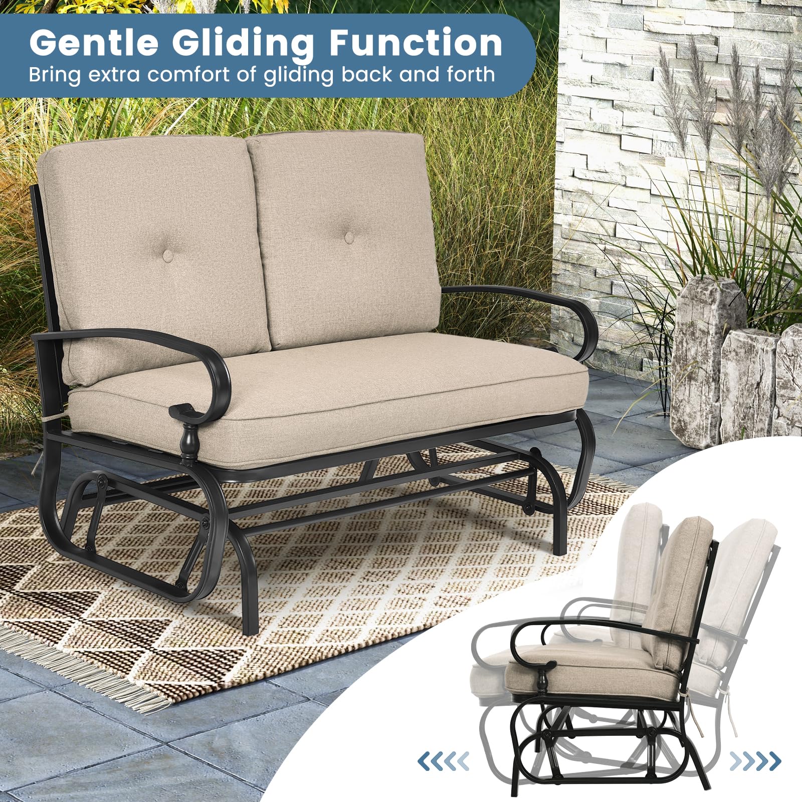 **Tangkula Outdoor Swing Glider Chair for 2 Persons - Patio Loveseat Bench with Steel Frame & Comfortable Cushions - Perfect for Garden, Porch, Balcony & Poolside Relaxation (Beige)**